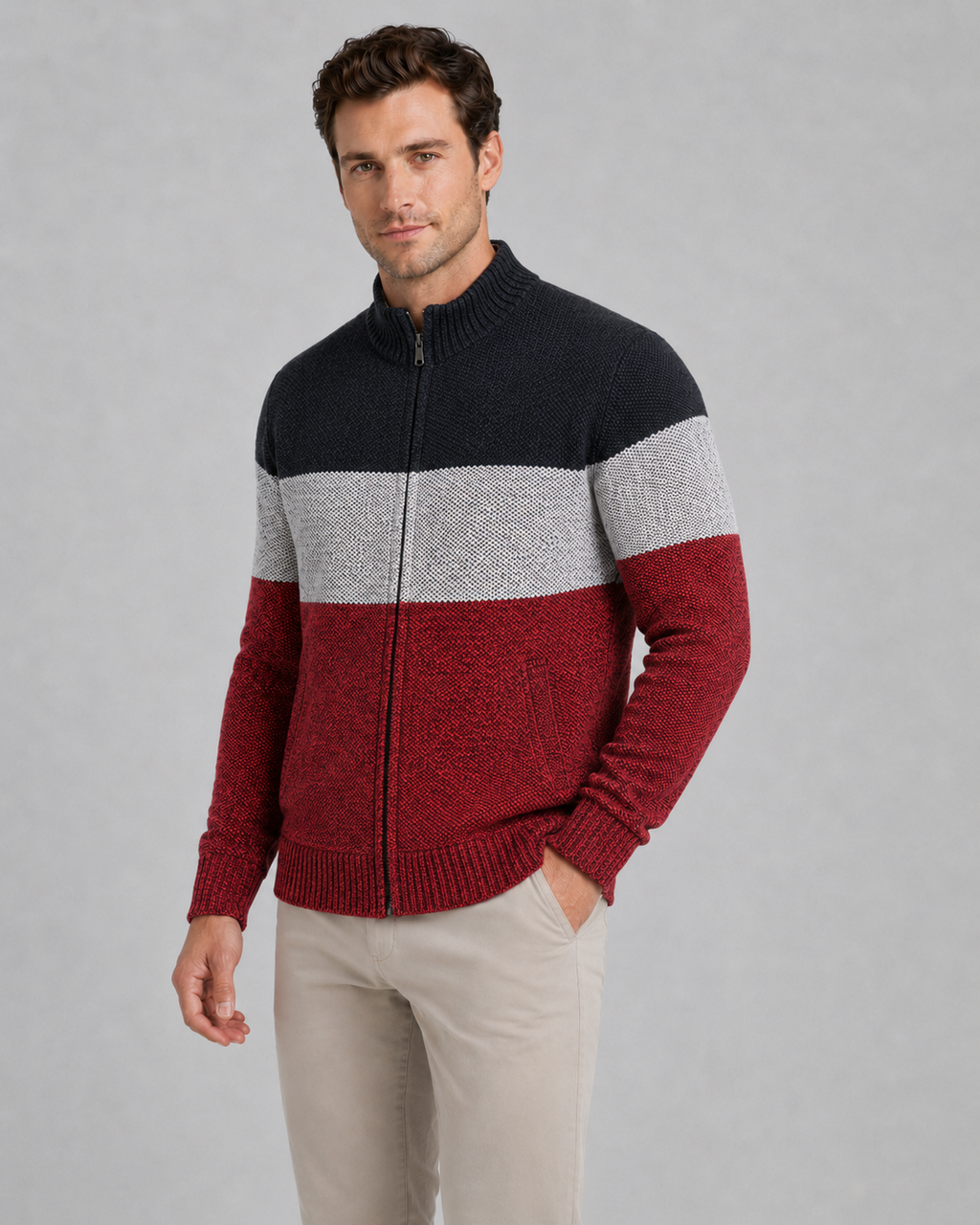 Soren | Colour Block Full-Zip Knit Cardigan