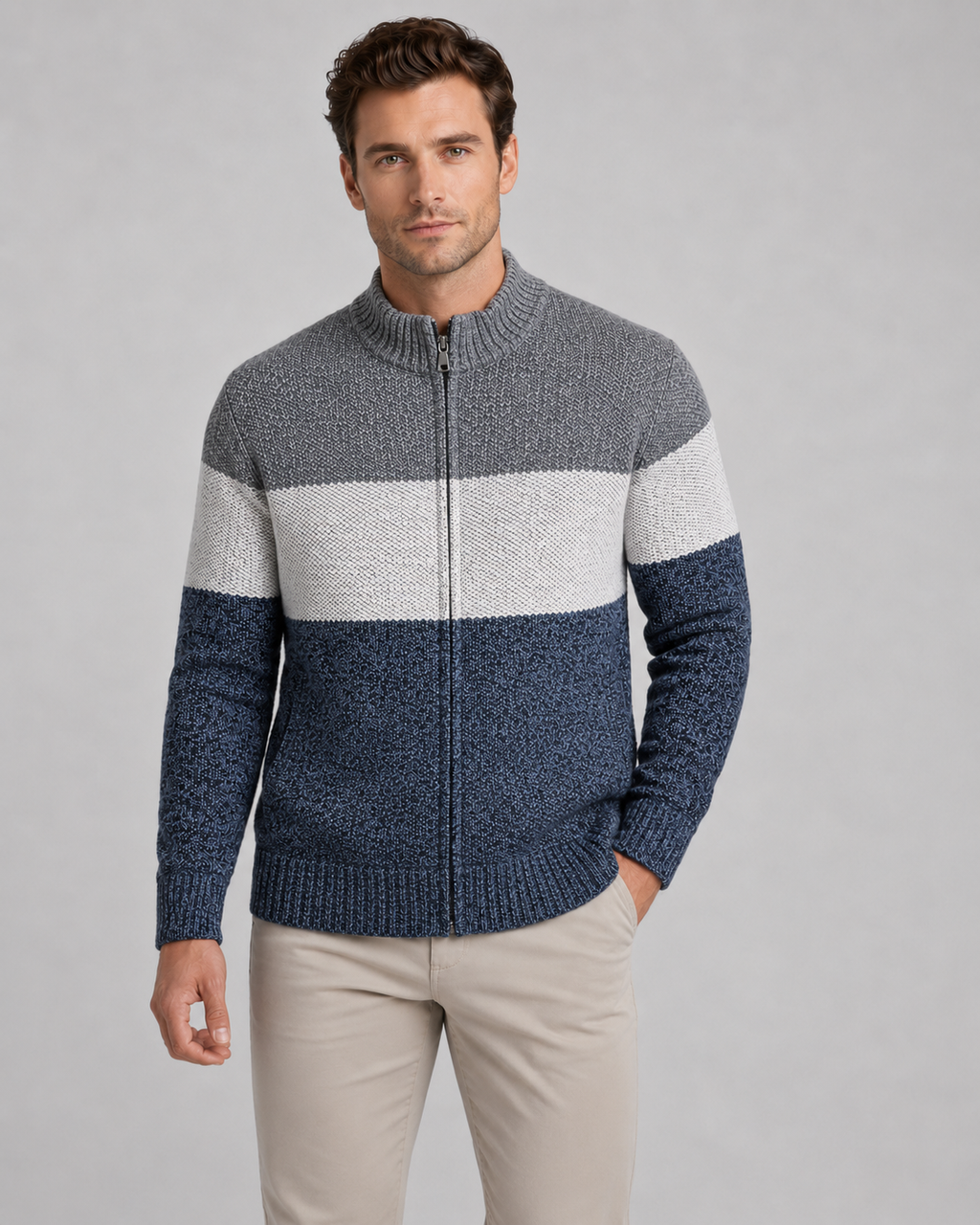 Soren | Colour Block Full-Zip Knit Cardigan