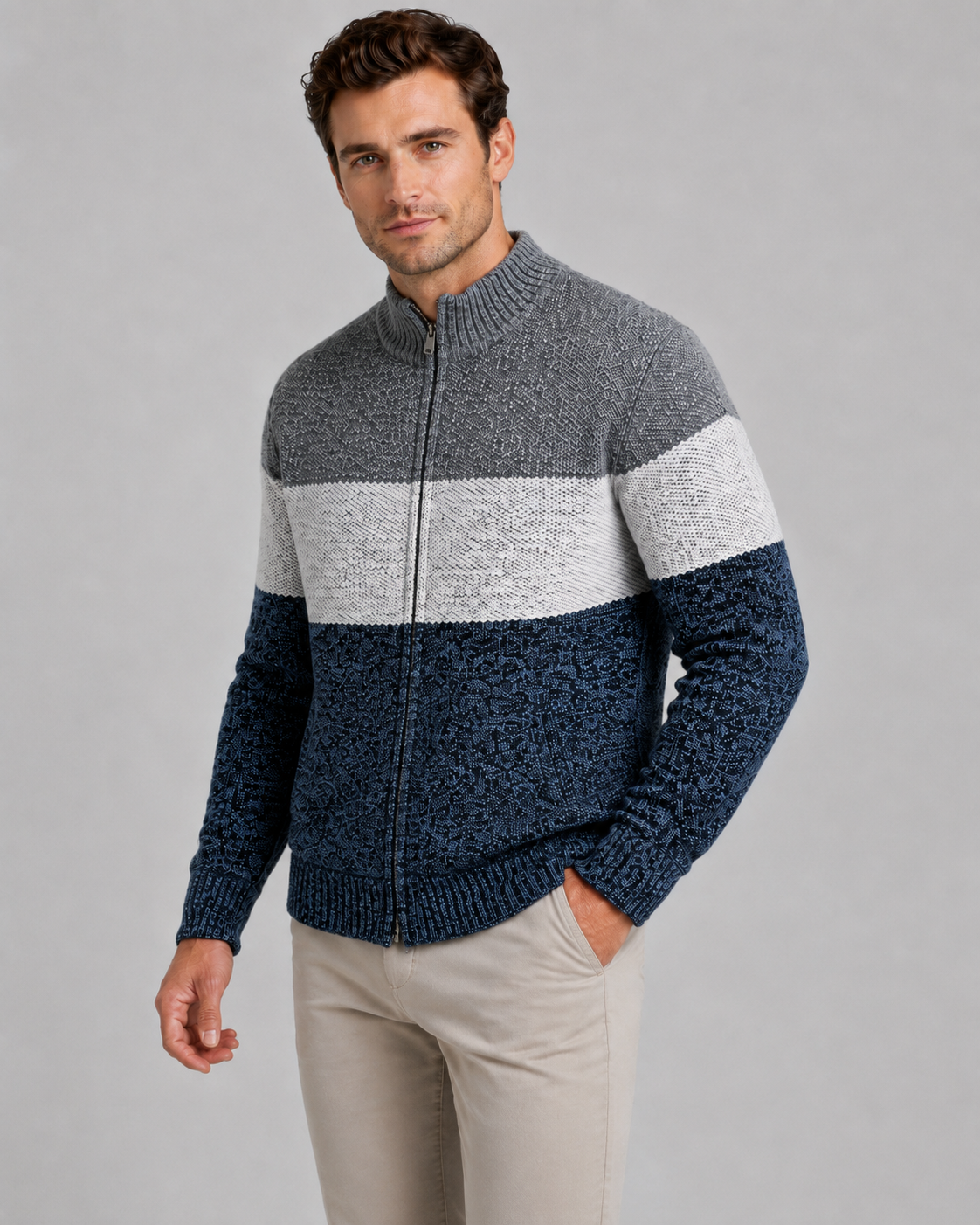 Soren | Colour Block Full-Zip Knit Cardigan
