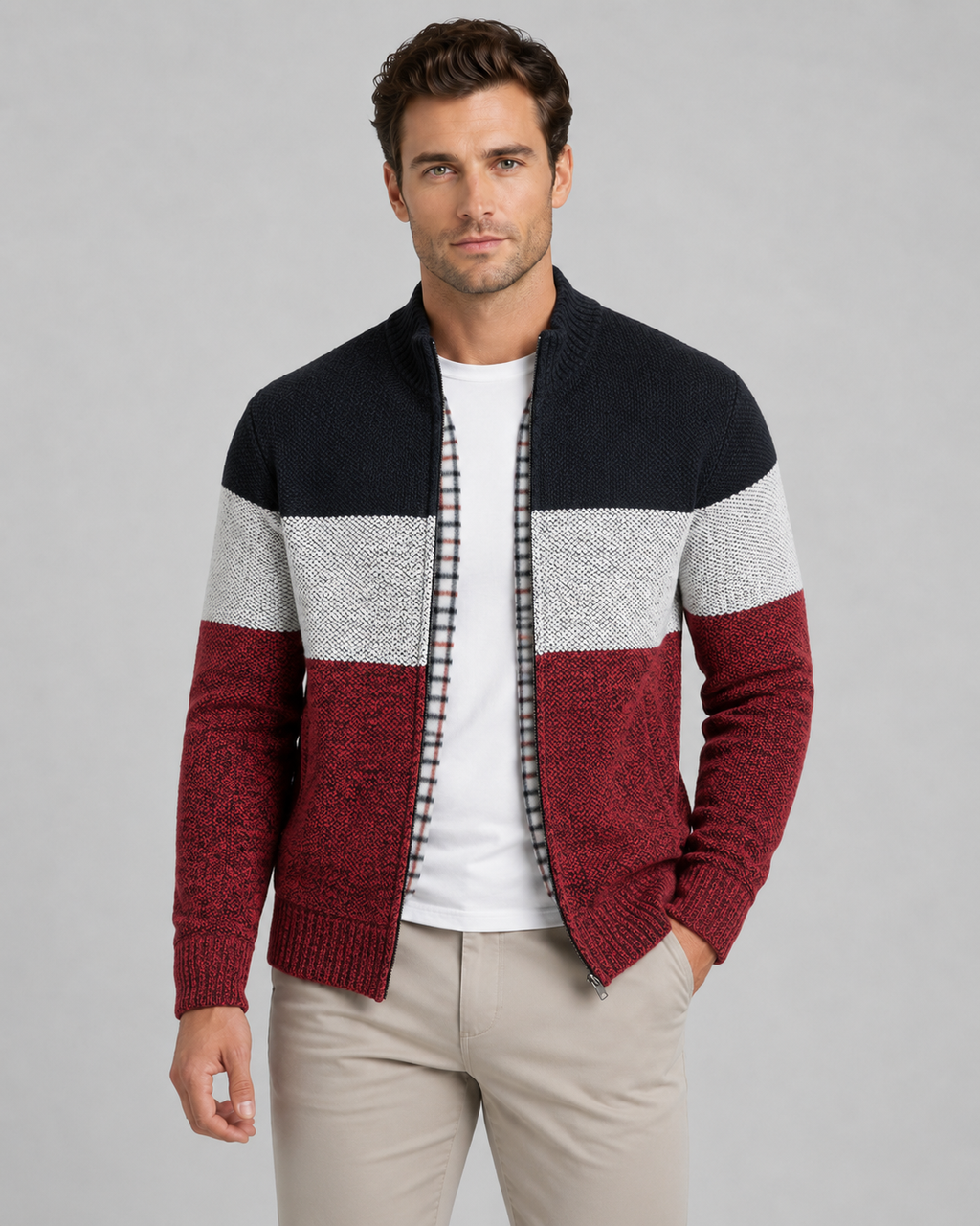 Soren | Colour Block Full-Zip Knit Cardigan