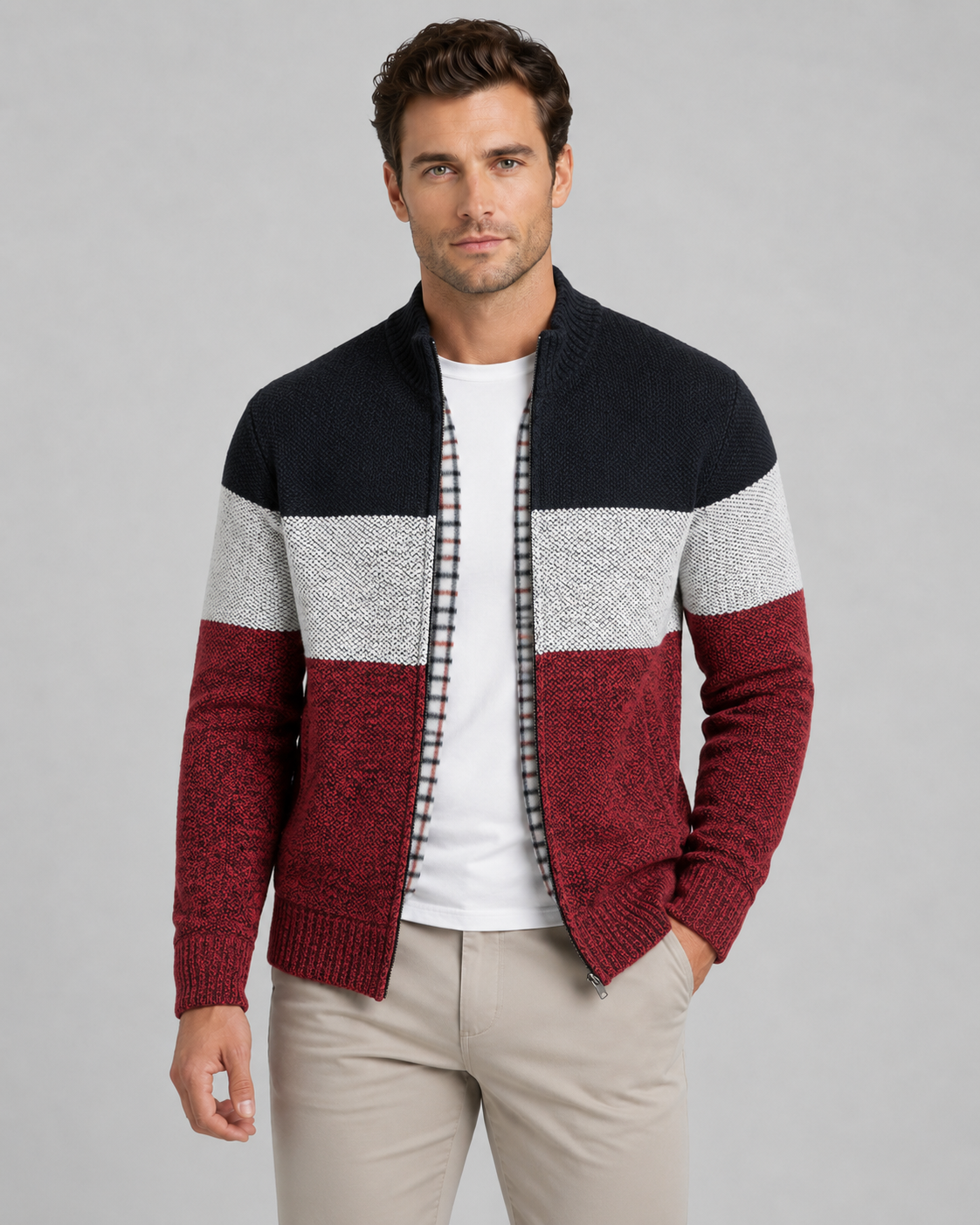 Soren | Colour Block Full-Zip Knit Cardigan
