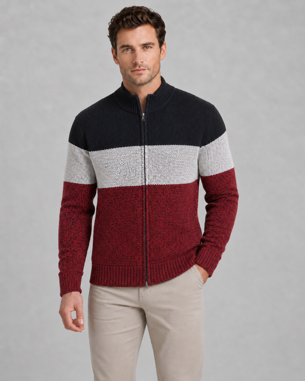 Soren | Colour Block Full-Zip Knit Cardigan