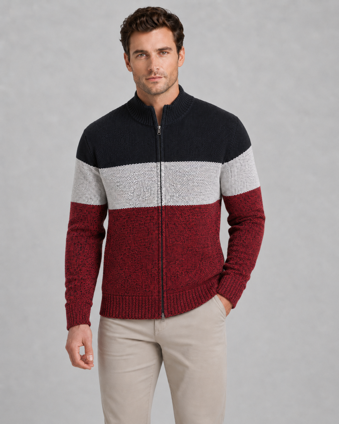 Soren | Colour Block Full-Zip Knit Cardigan