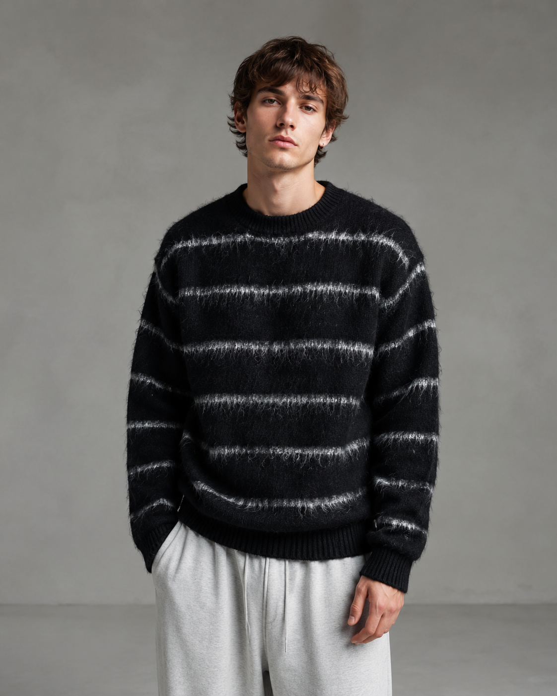 Alaric | Fuzzy Striped Boxy Knit Sweater