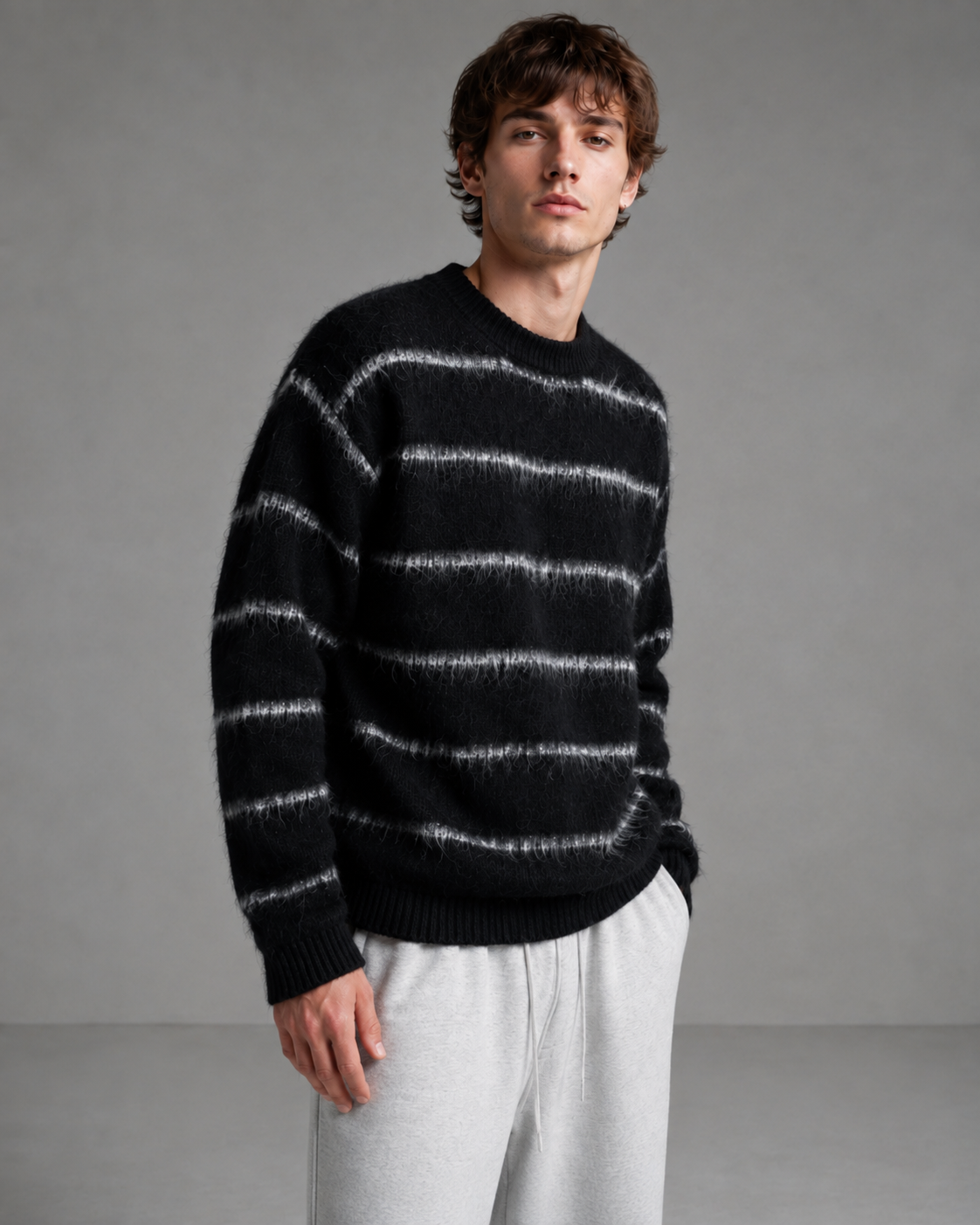 Alaric | Fuzzy Striped Boxy Knit Sweater