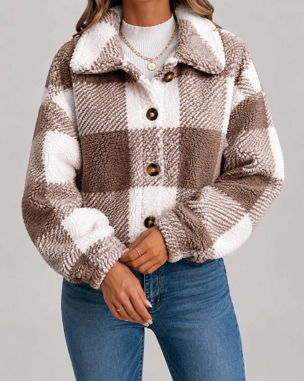 Fantine | Checked Teddy Fleece Button-Front Jacket