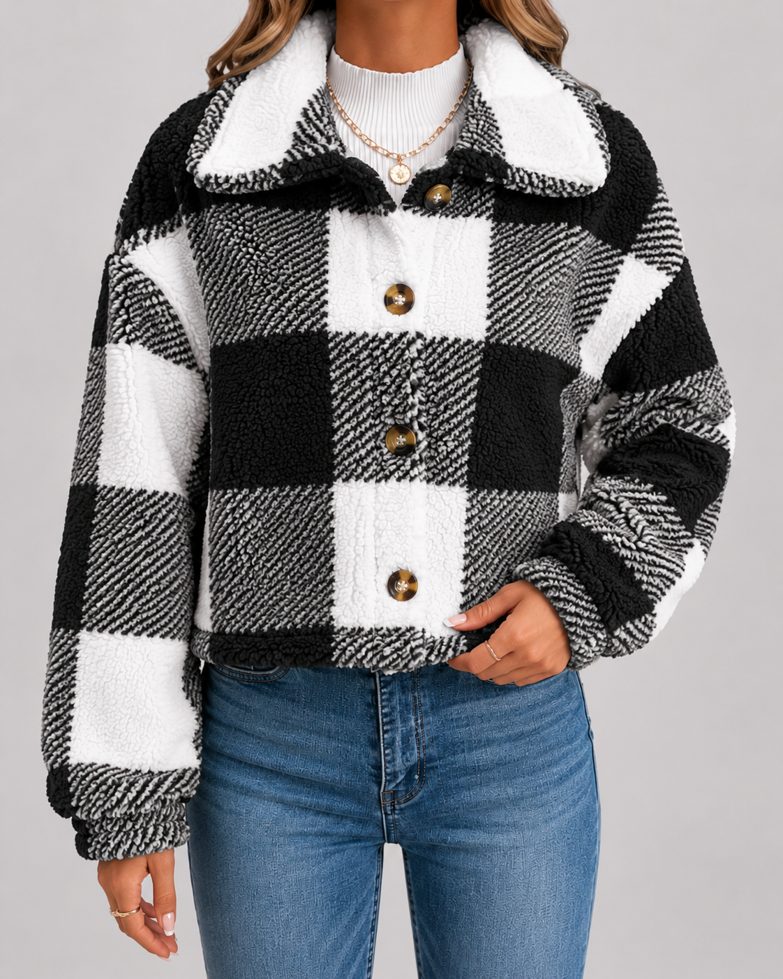 Fantine | Checked Teddy Fleece Button-Front Jacket