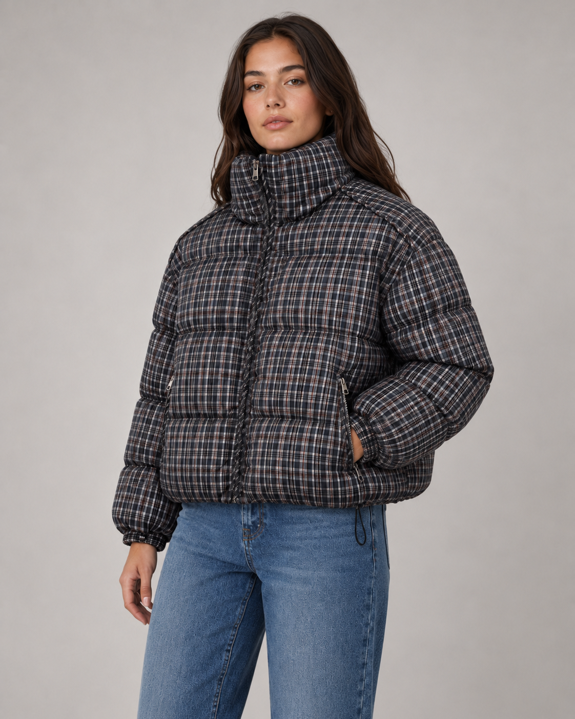 Josette | Checked Funnel Neck Puffer Coat