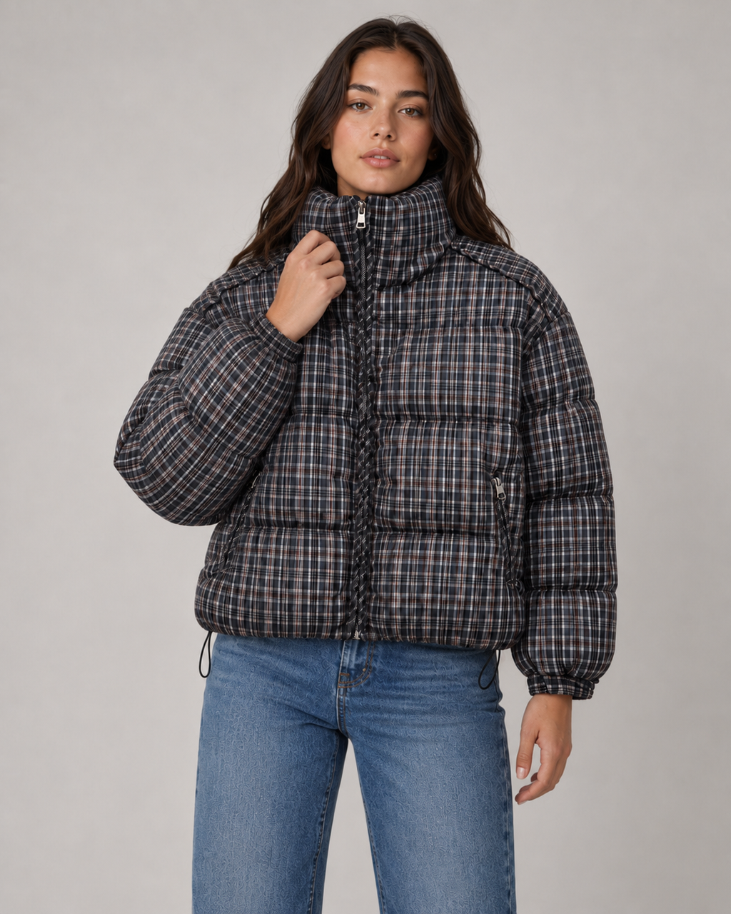 Josette | Checked Funnel Neck Puffer Coat