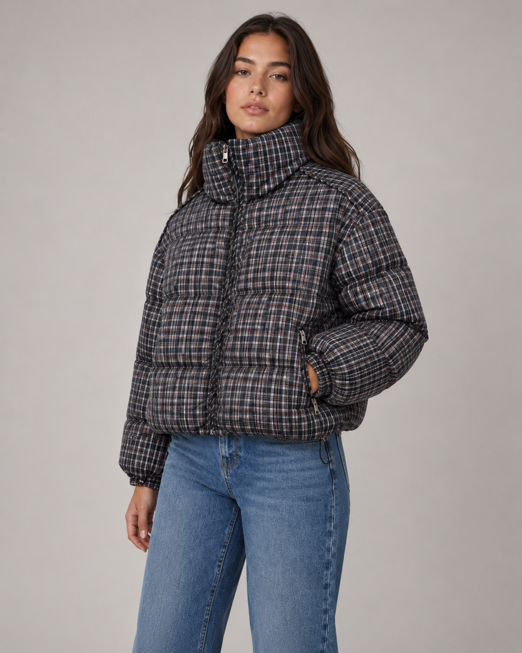 Josette | Checked Funnel Neck Puffer Coat