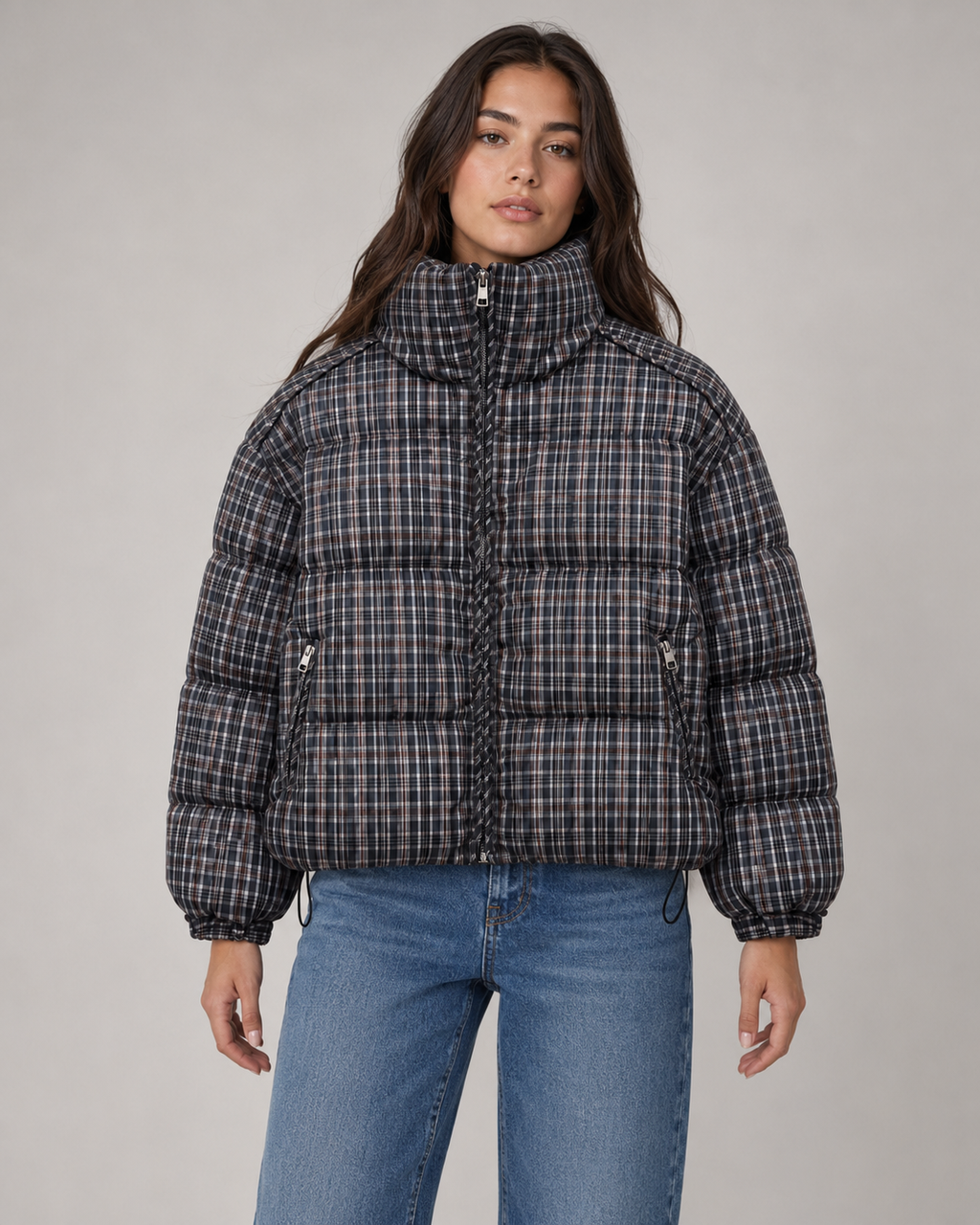 Josette | Checked Funnel Neck Puffer Coat