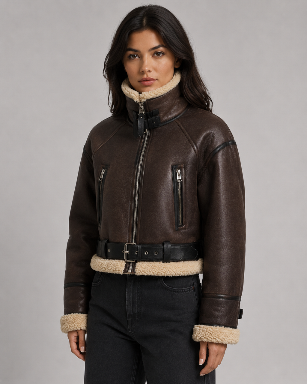 Quenby | Cropped Aviator Jacket with Shearling Collar