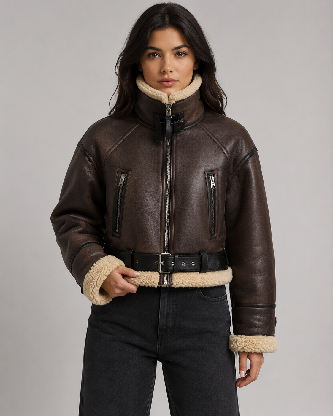 Quenby | Cropped Aviator Jacket with Shearling Collar