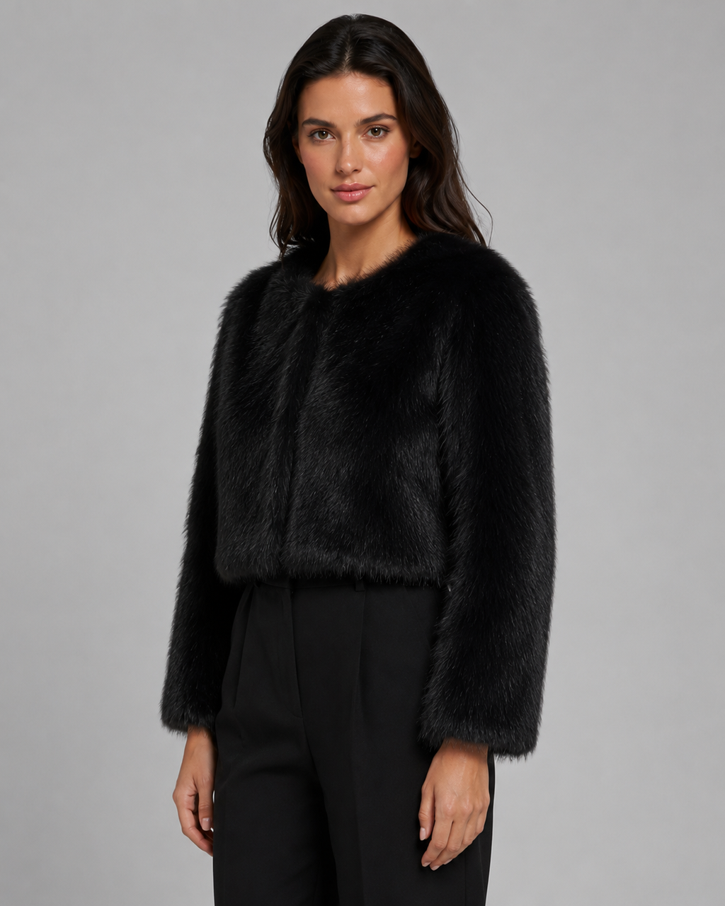 Graciela | Cropped Collarless Faux Fur Jacket