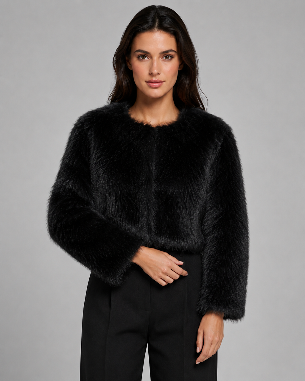 Graciela | Cropped Collarless Faux Fur Jacket