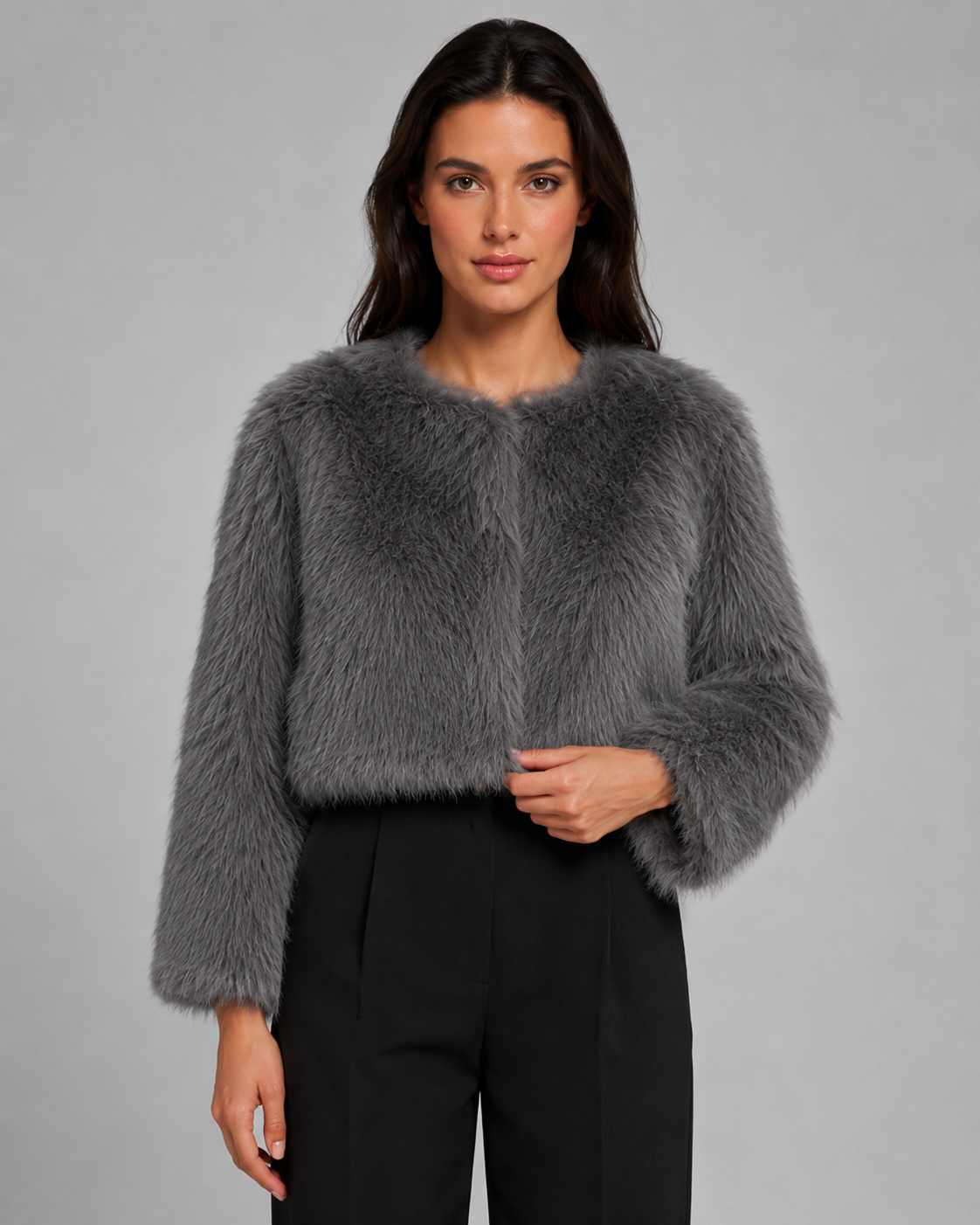Graciela | Cropped Collarless Faux Fur Jacket
