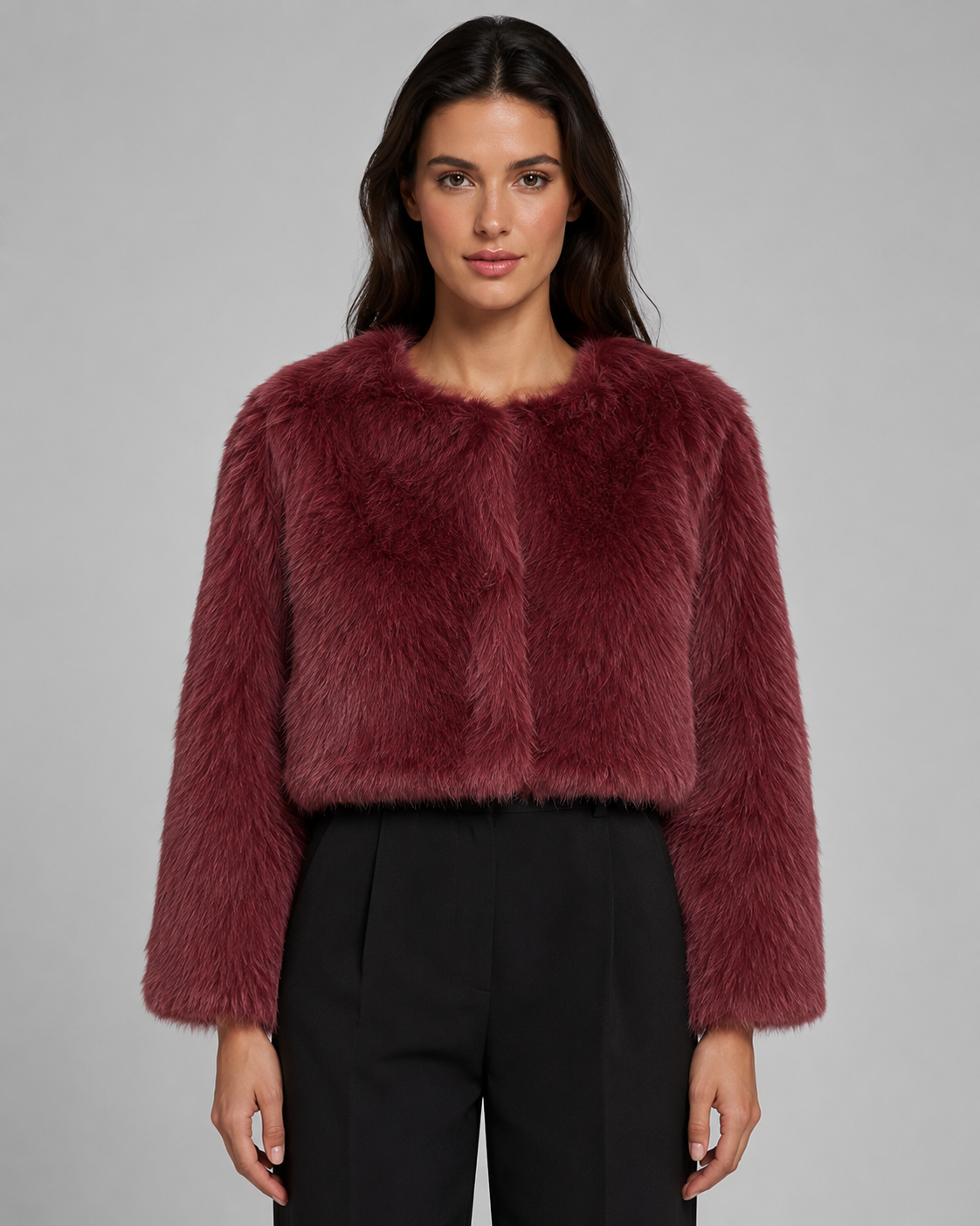 Graciela | Cropped Collarless Faux Fur Jacket