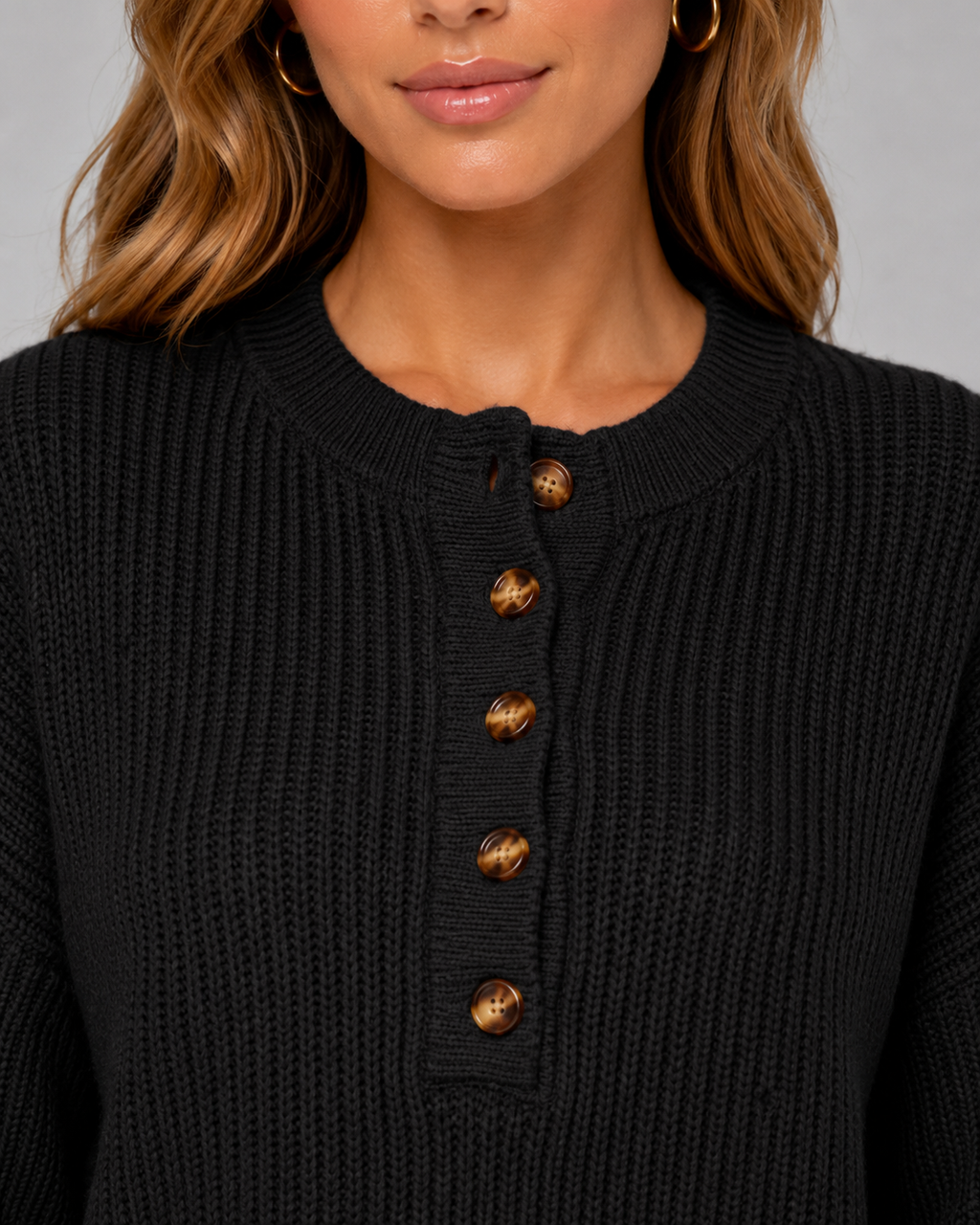 Melisande | Ribbed Henley Button Neck Sweater