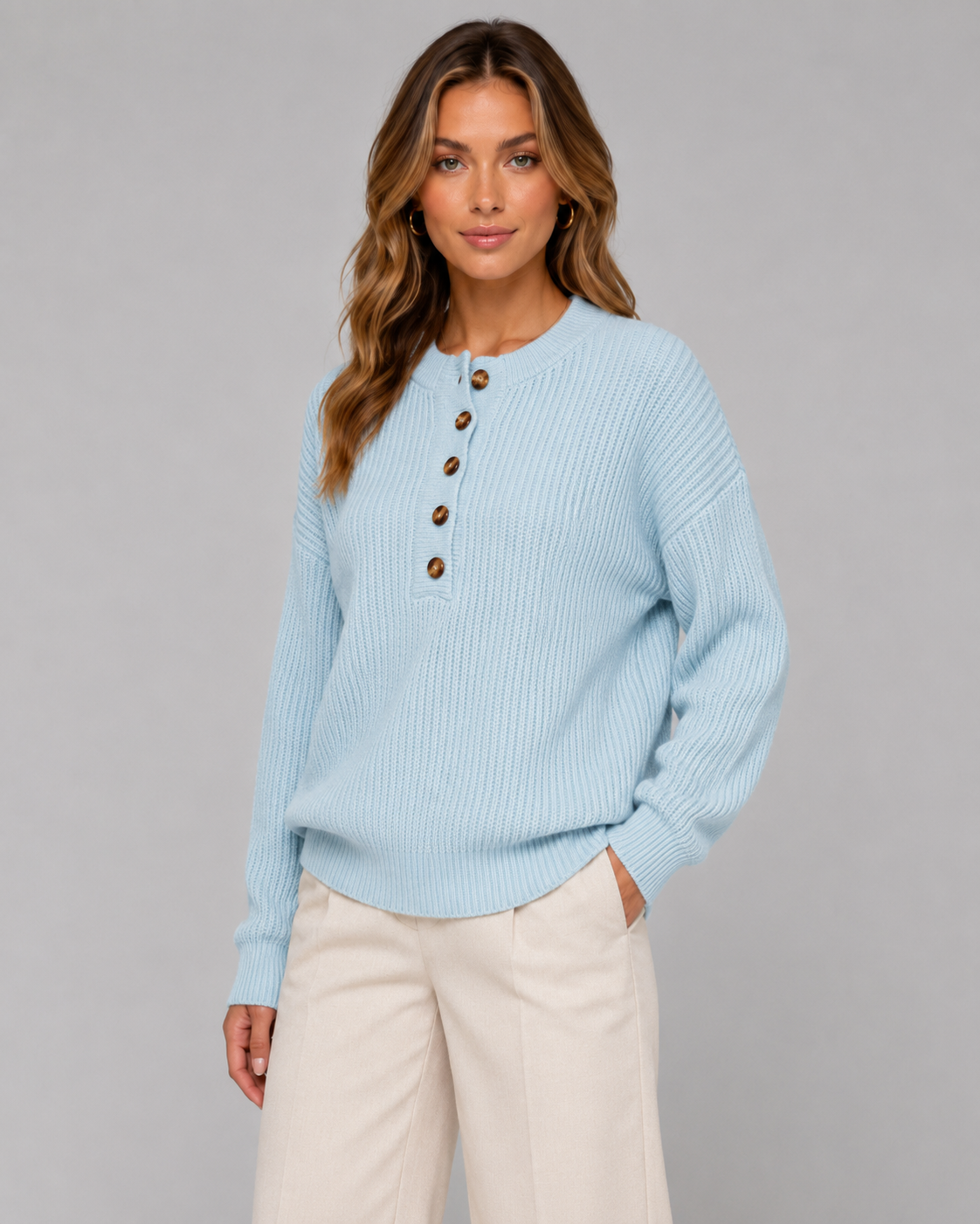 Melisande | Ribbed Henley Button Neck Sweater
