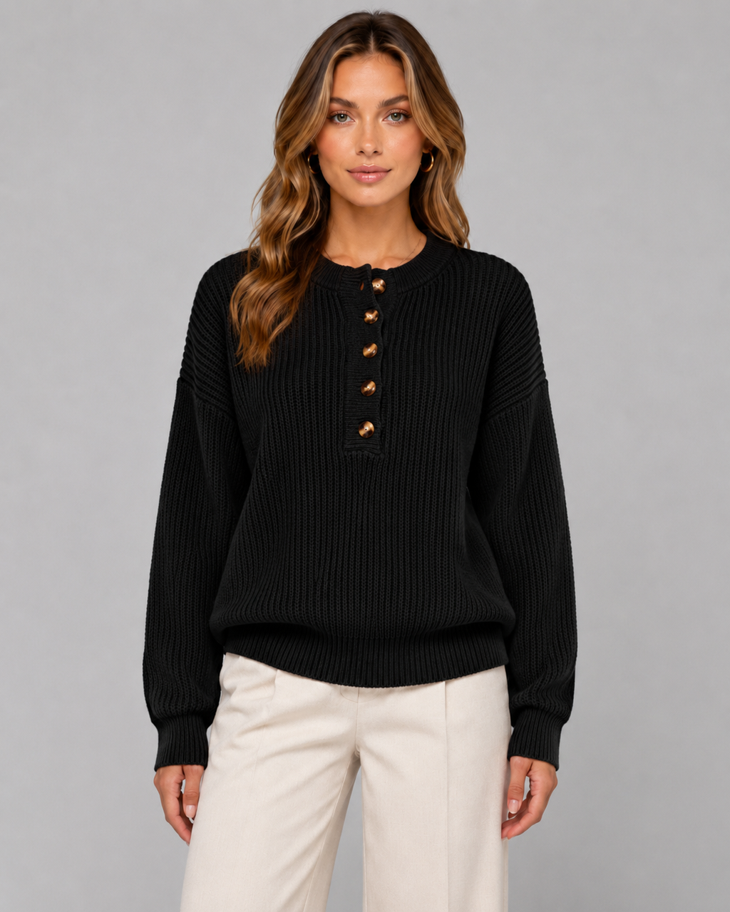 Melisande | Ribbed Henley Button Neck Sweater