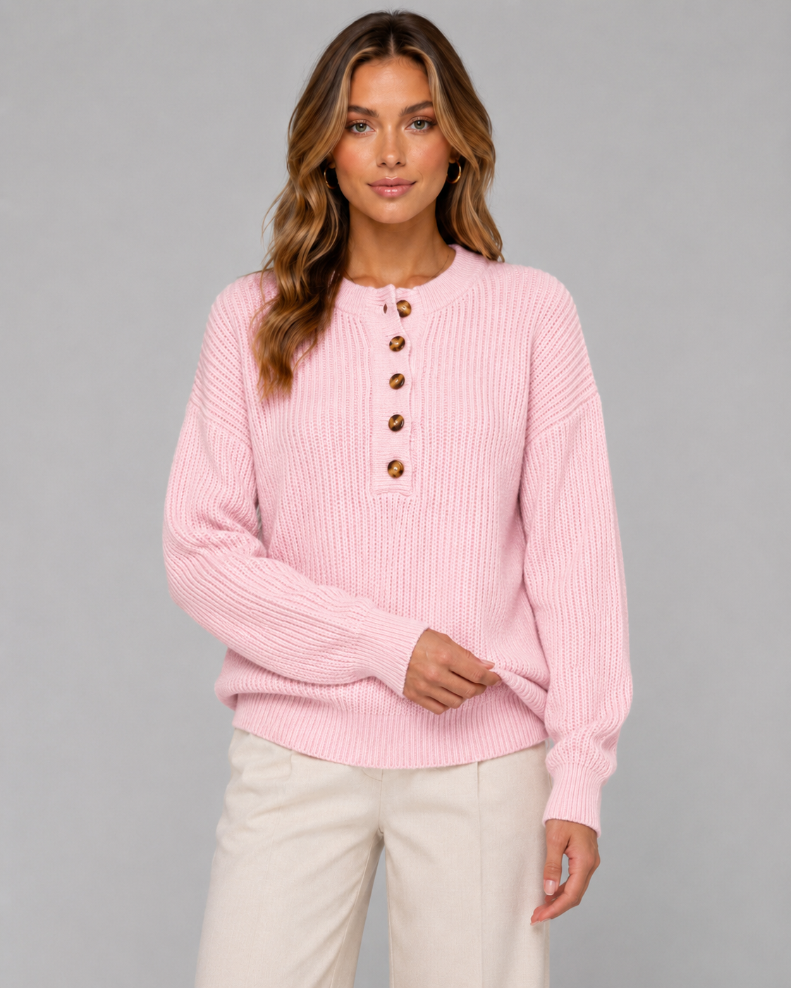 Melisande | Ribbed Henley Button Neck Sweater