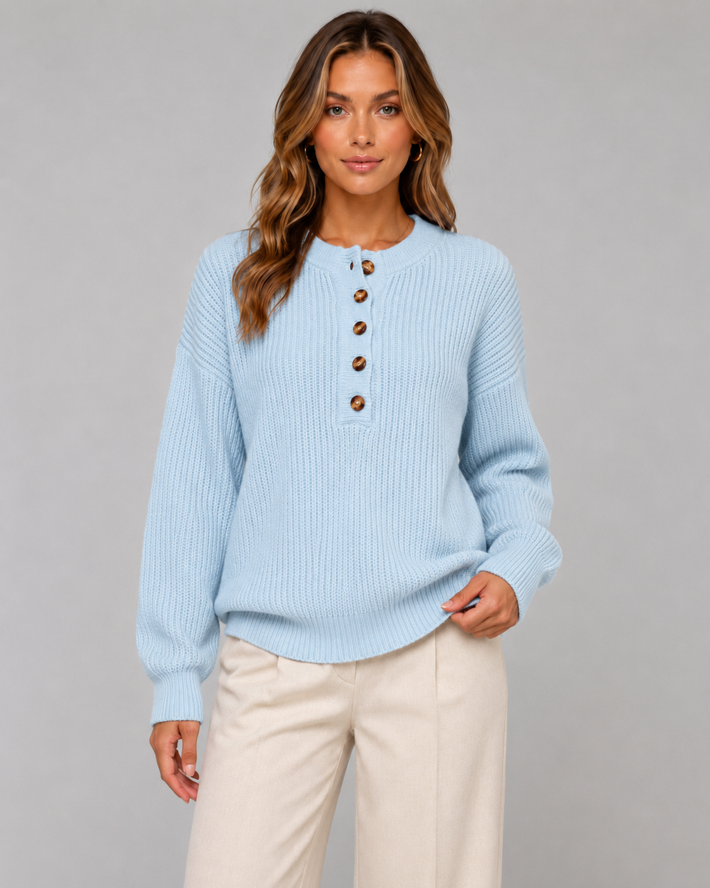 Melisande | Ribbed Henley Button Neck Sweater