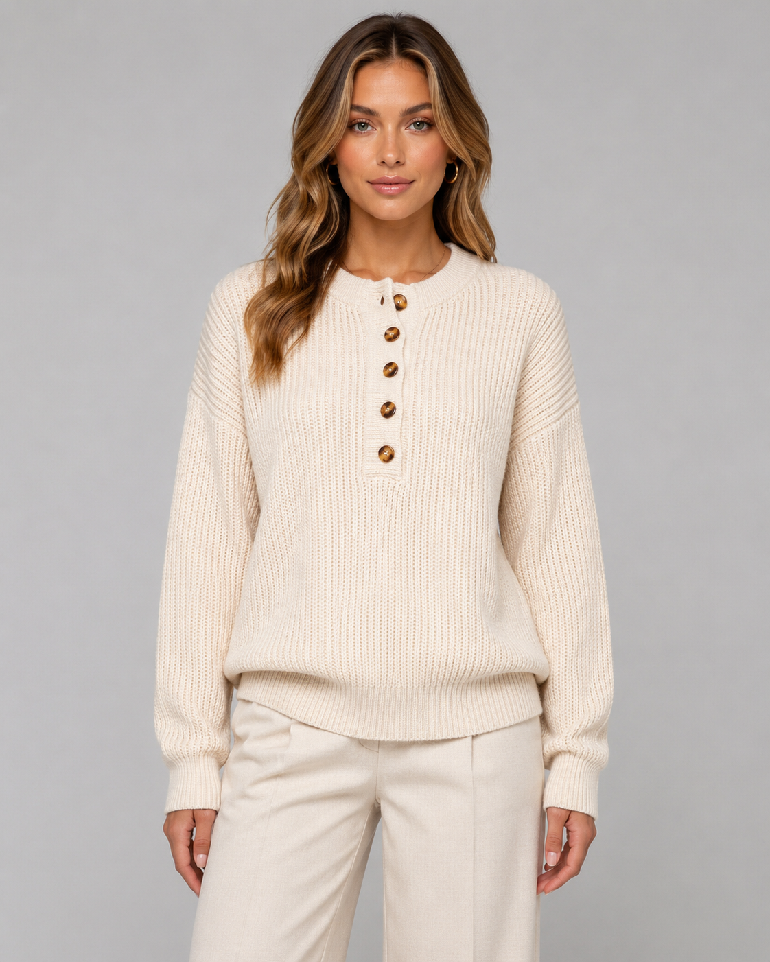 Melisande | Ribbed Henley Button Neck Sweater
