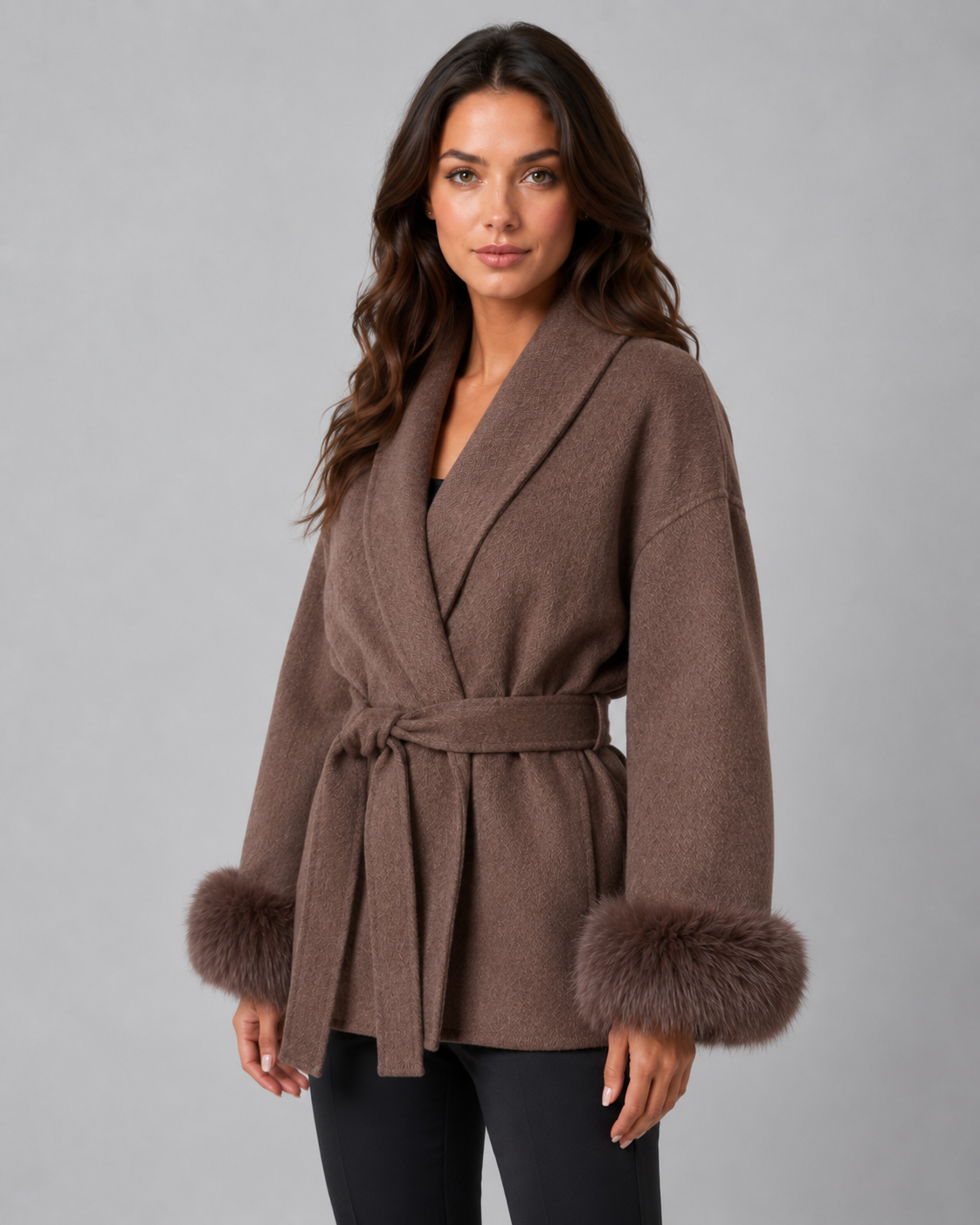 Oriana | Belted Wrap Coat with Faux Fur Cuffs