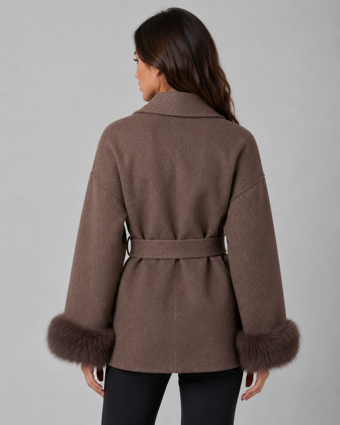 Oriana | Belted Wrap Coat with Faux Fur Cuffs