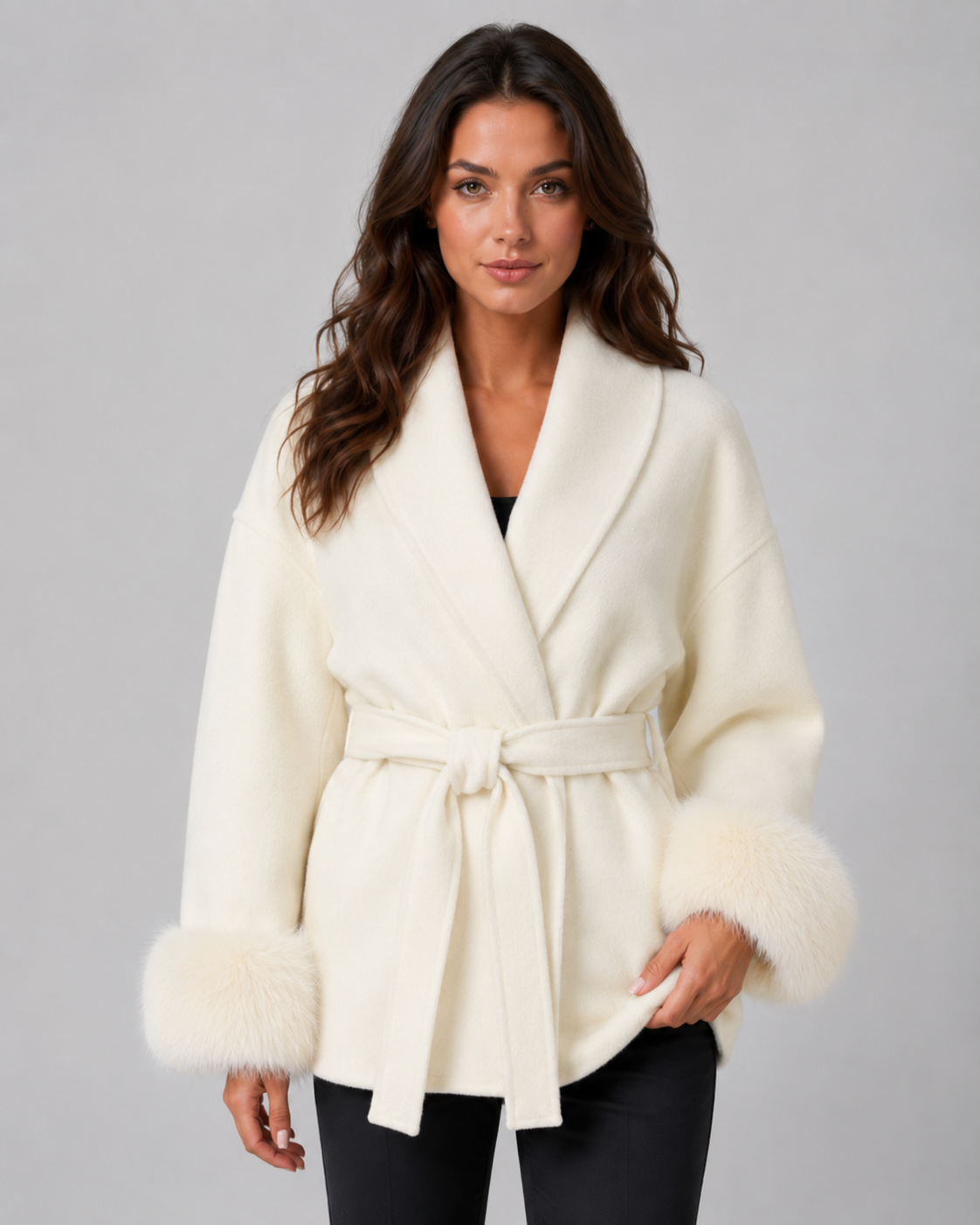 Oriana | Belted Wrap Coat with Faux Fur Cuffs