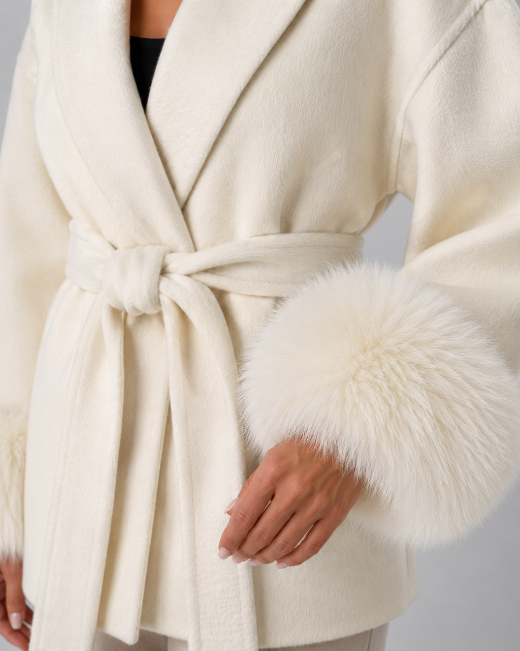 Oriana | Belted Wrap Coat with Faux Fur Cuffs