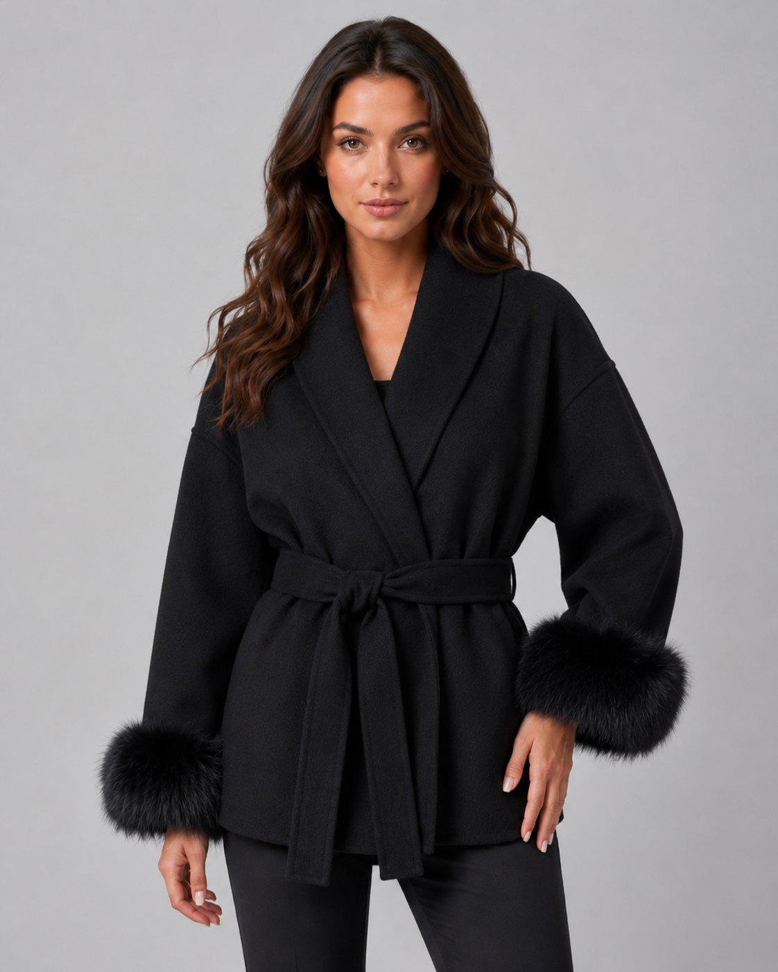 Oriana | Belted Wrap Coat with Faux Fur Cuffs