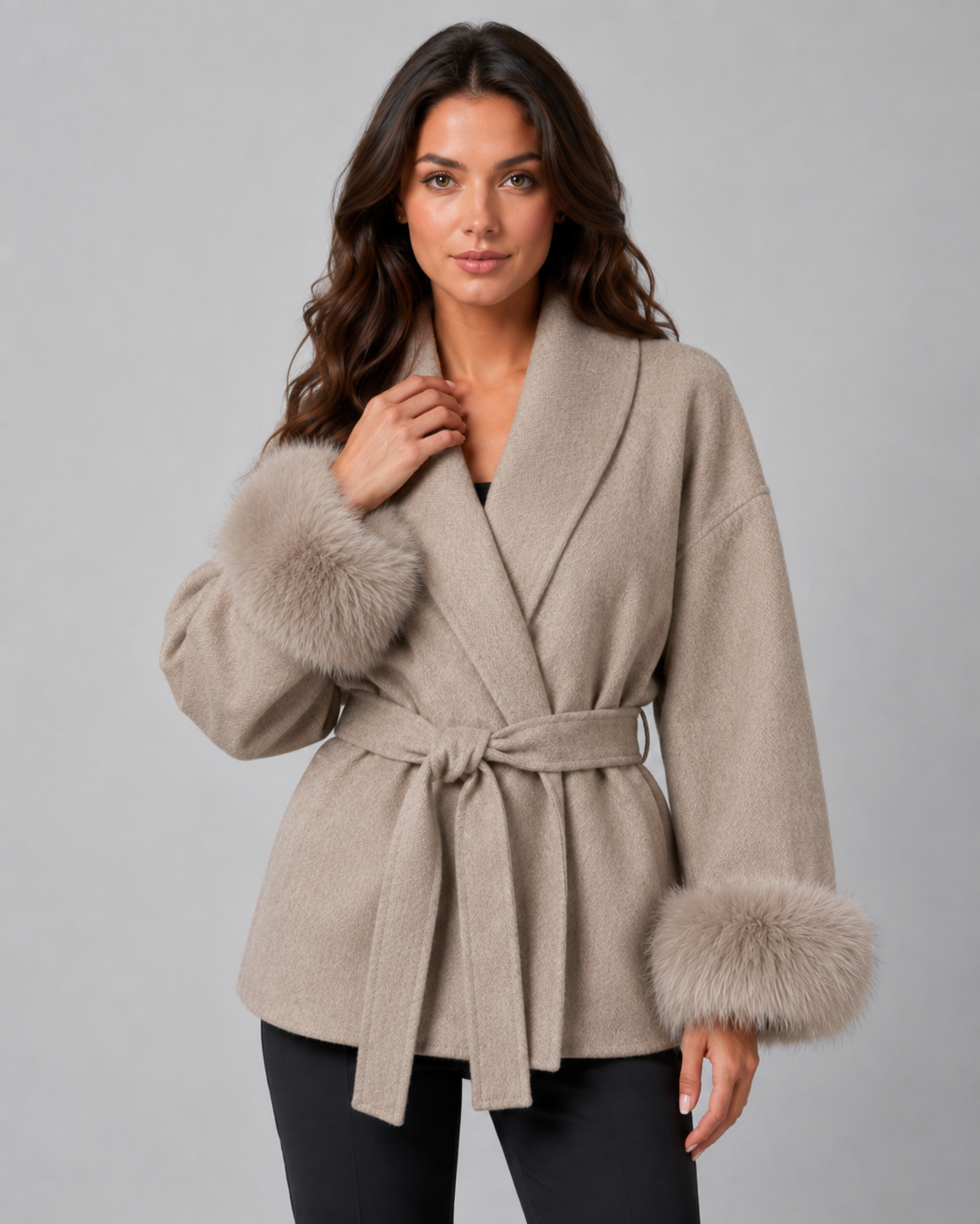 Oriana | Belted Wrap Coat with Faux Fur Cuffs
