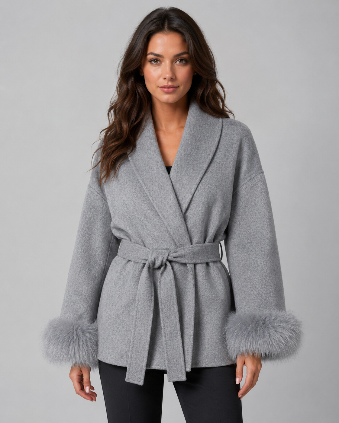 Oriana | Belted Wrap Coat with Faux Fur Cuffs