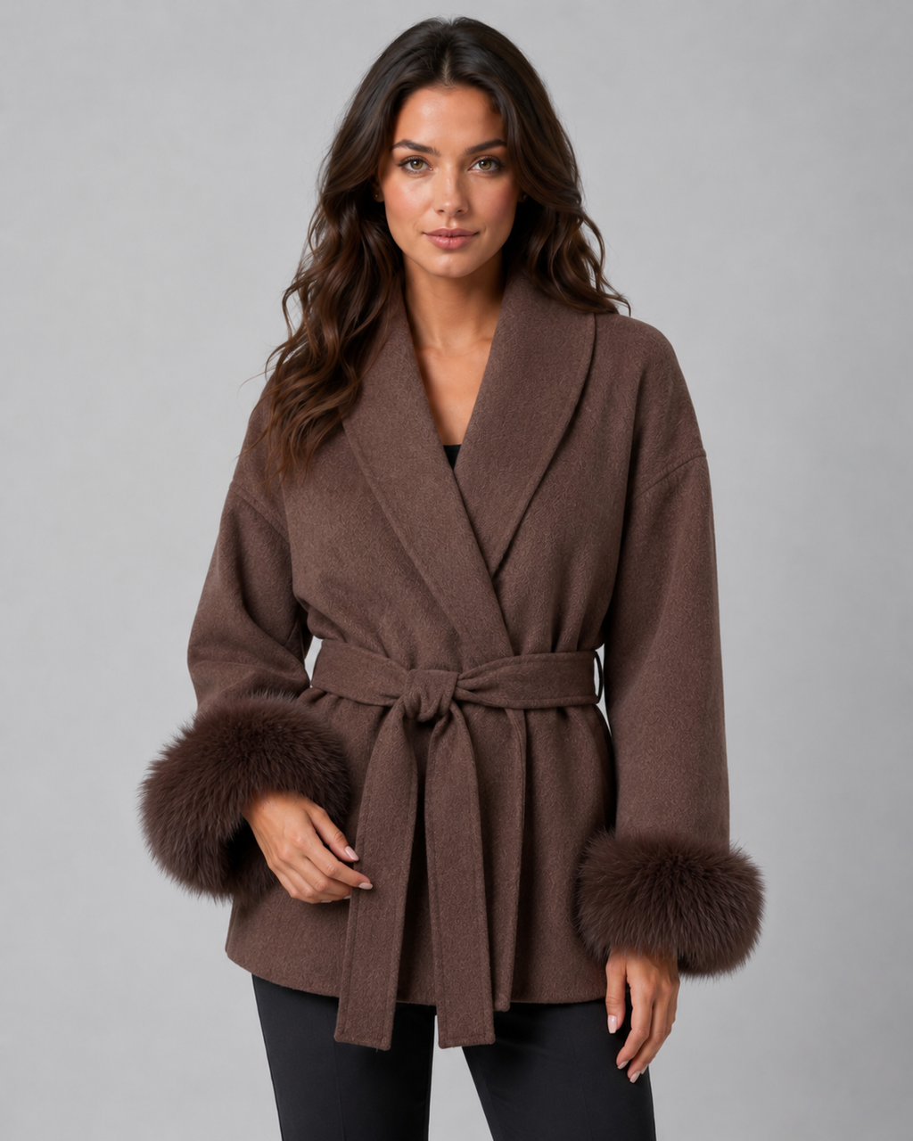Oriana | Belted Wrap Coat with Faux Fur Cuffs