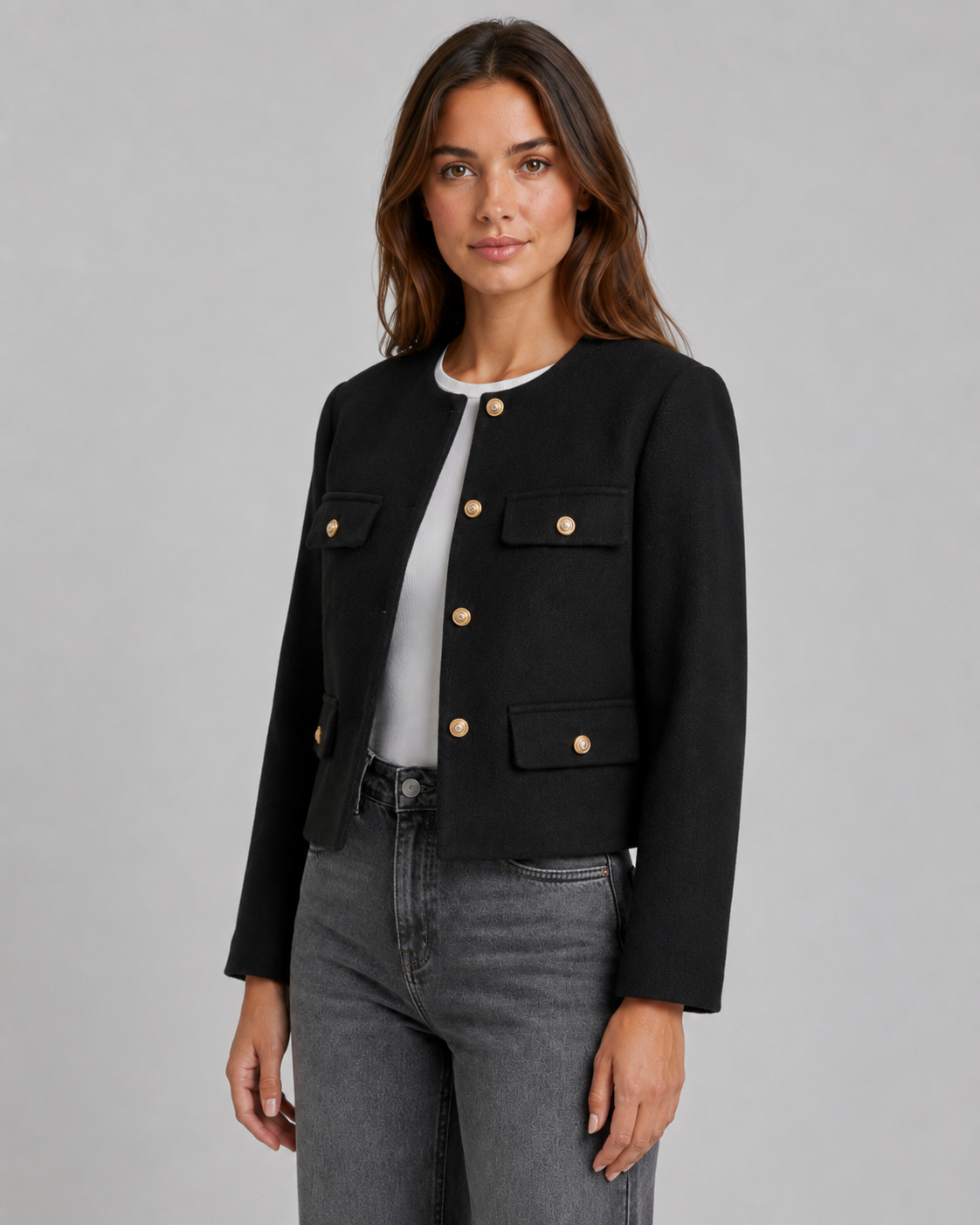Ulrika | Cropped Collarless Gold Button Jacket