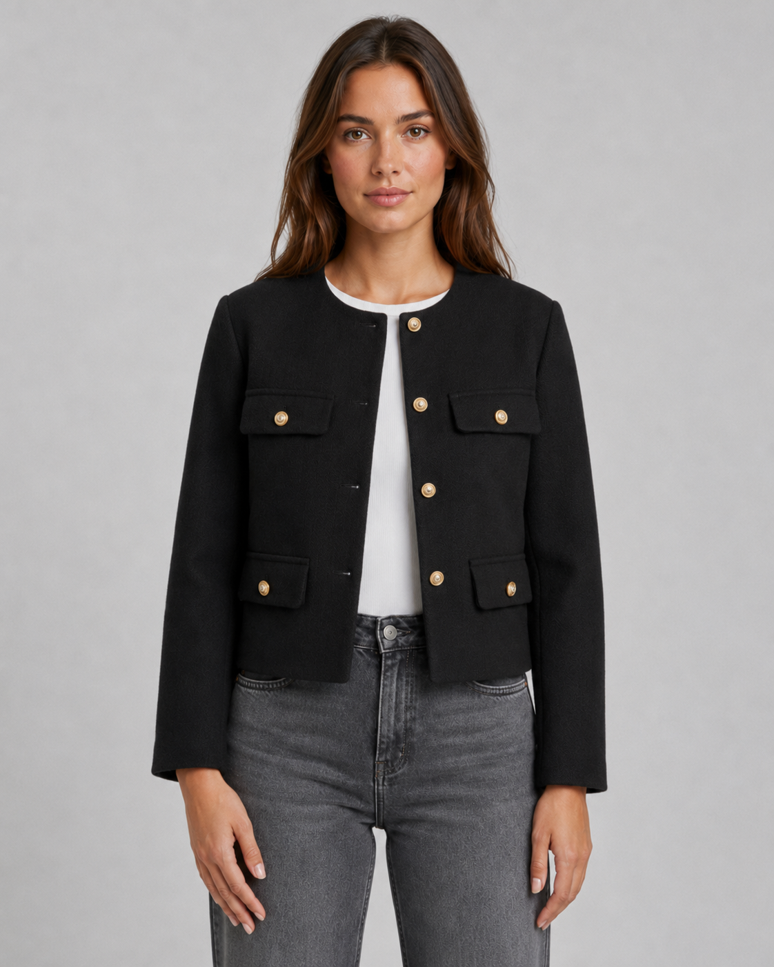 Ulrika | Cropped Collarless Gold Button Jacket