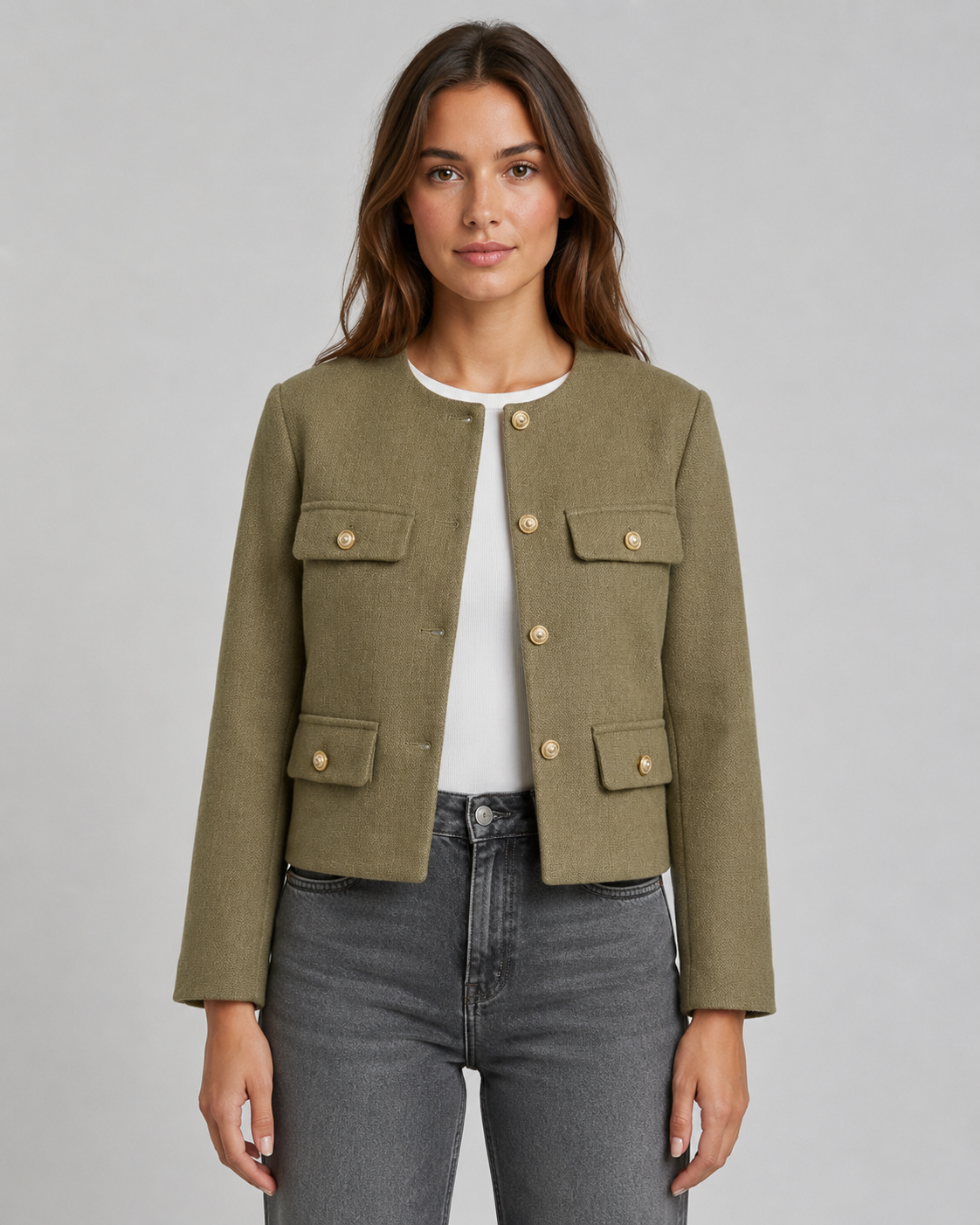 Ulrika | Cropped Collarless Gold Button Jacket