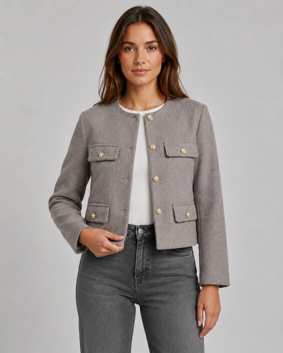 Ulrika | Cropped Collarless Gold Button Jacket