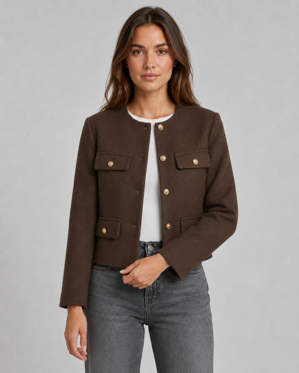 Ulrika | Cropped Collarless Gold Button Jacket