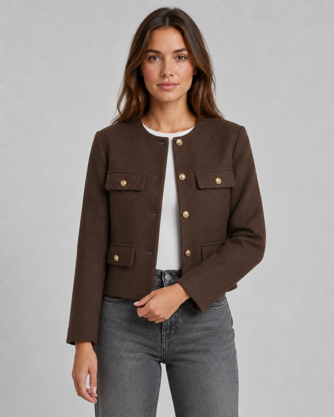 Ulrika | Cropped Collarless Gold Button Jacket