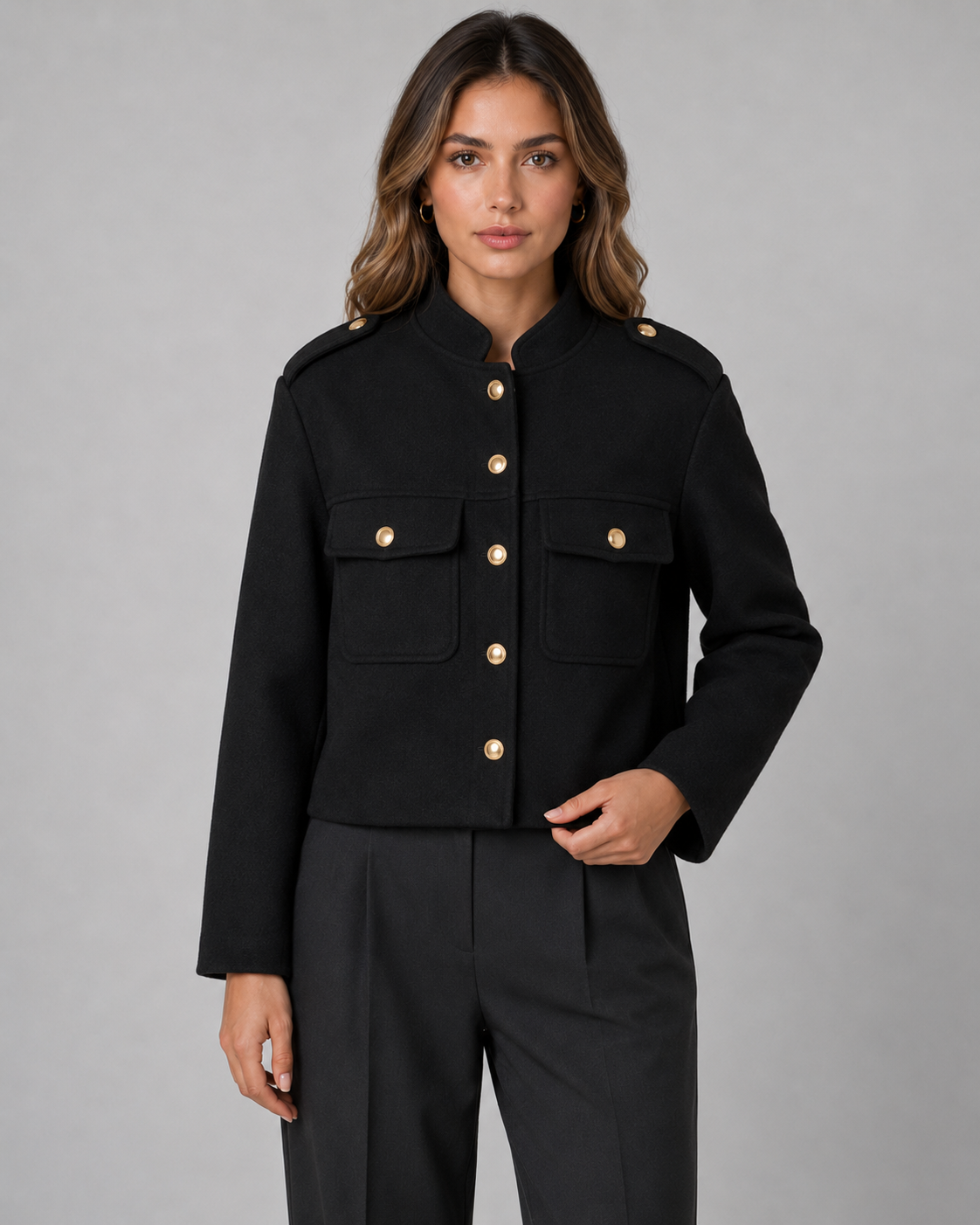 Sable | Gold Button Structured Crop Jacket
