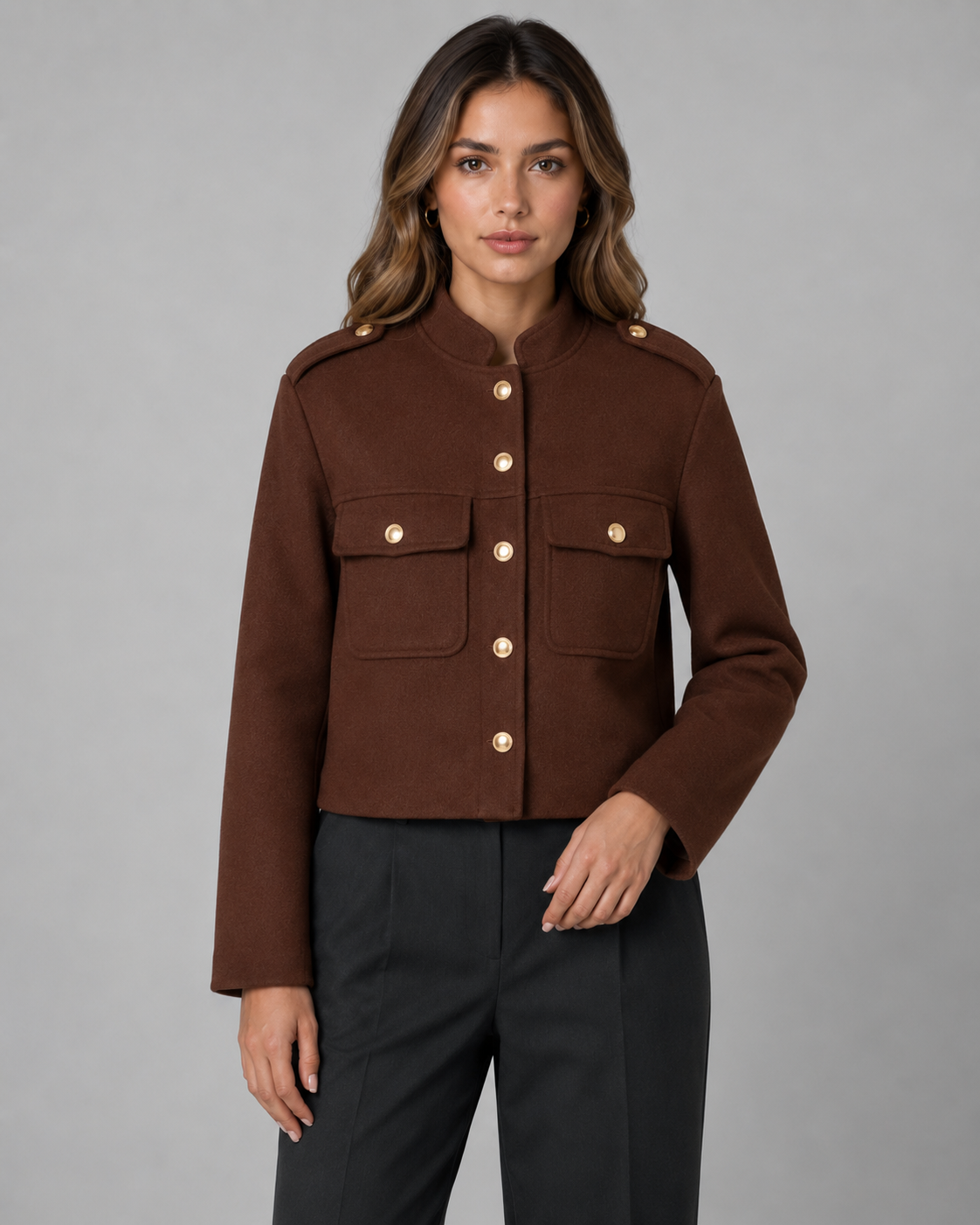 Sable | Gold Button Structured Crop Jacket