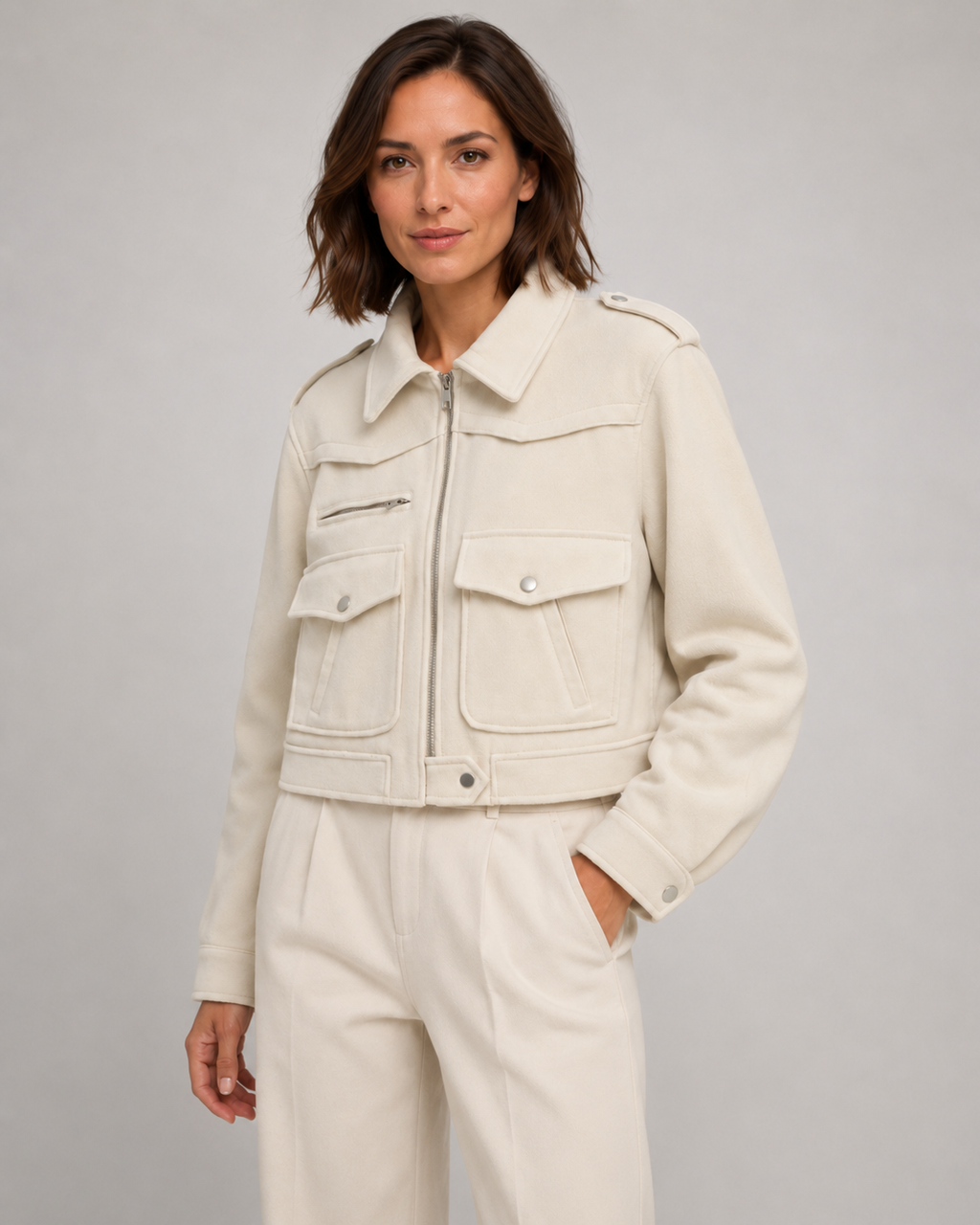 Rosalyn | Cropped Suede Jacket with Snap Flap Pockets