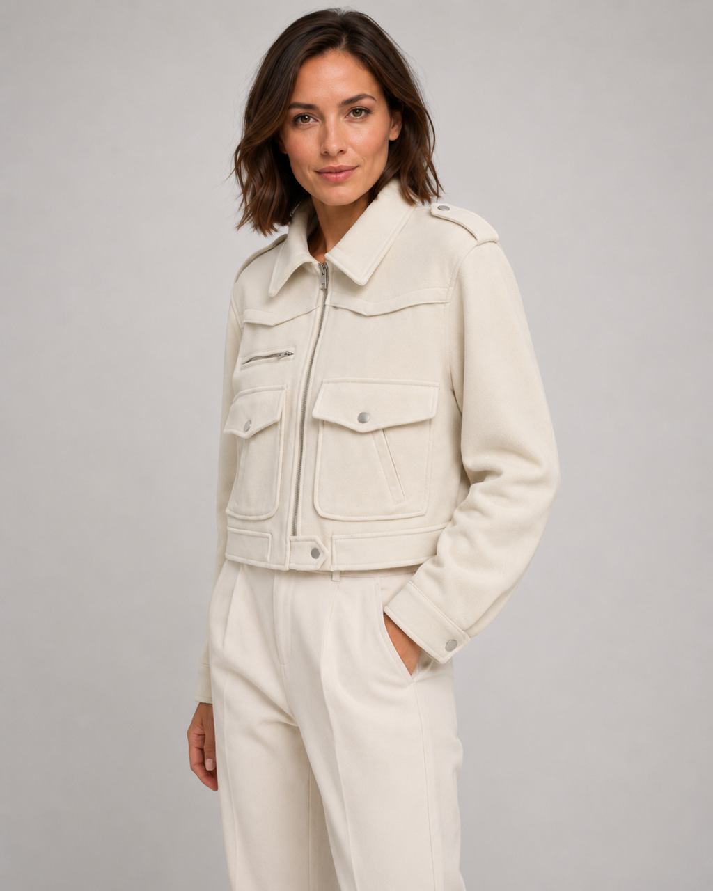 Rosalyn | Cropped Suede Jacket with Snap Flap Pockets