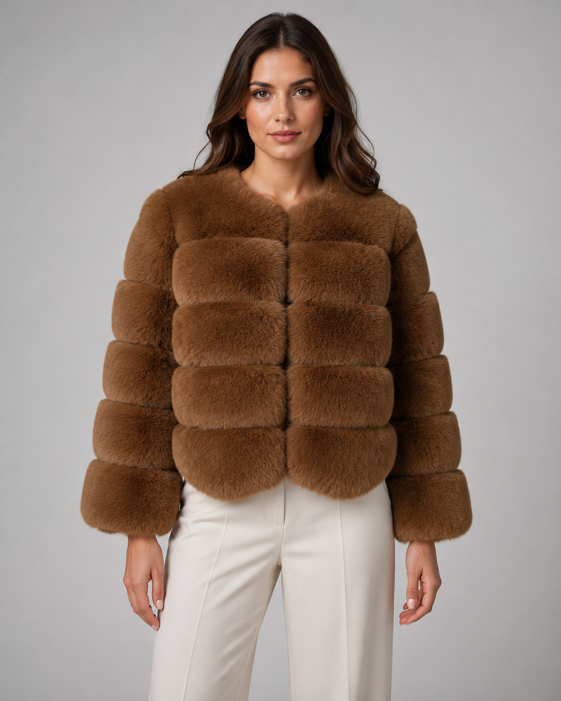 Mireille | Plush Collarless Cropped Faux Fur Jacket