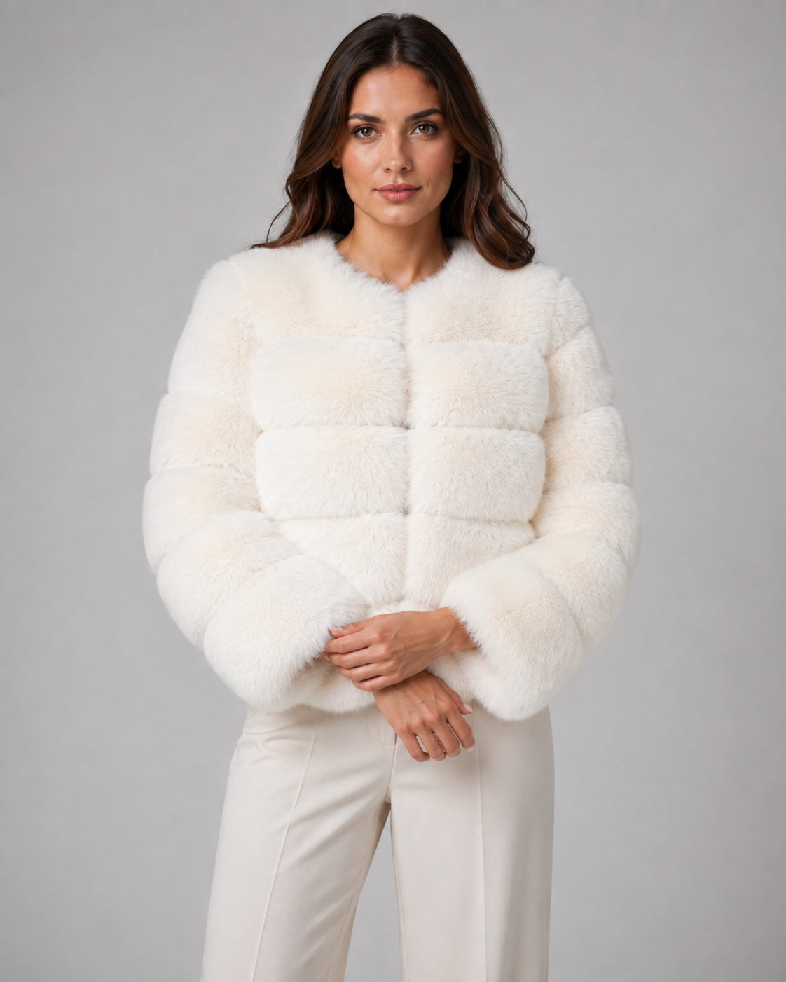 Mireille | Plush Collarless Cropped Faux Fur Jacket