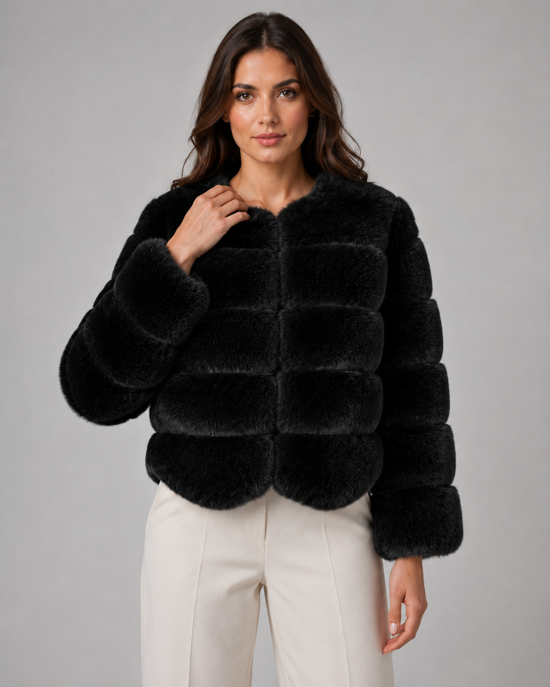 Mireille | Plush Collarless Cropped Faux Fur Jacket