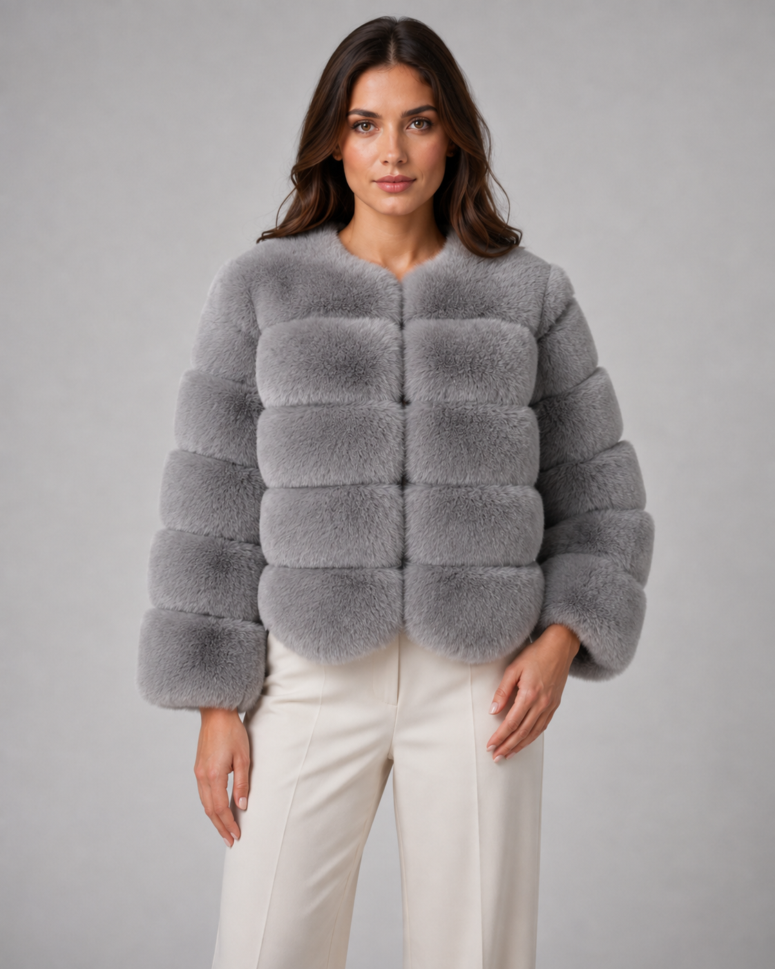 Mireille | Plush Collarless Cropped Faux Fur Jacket
