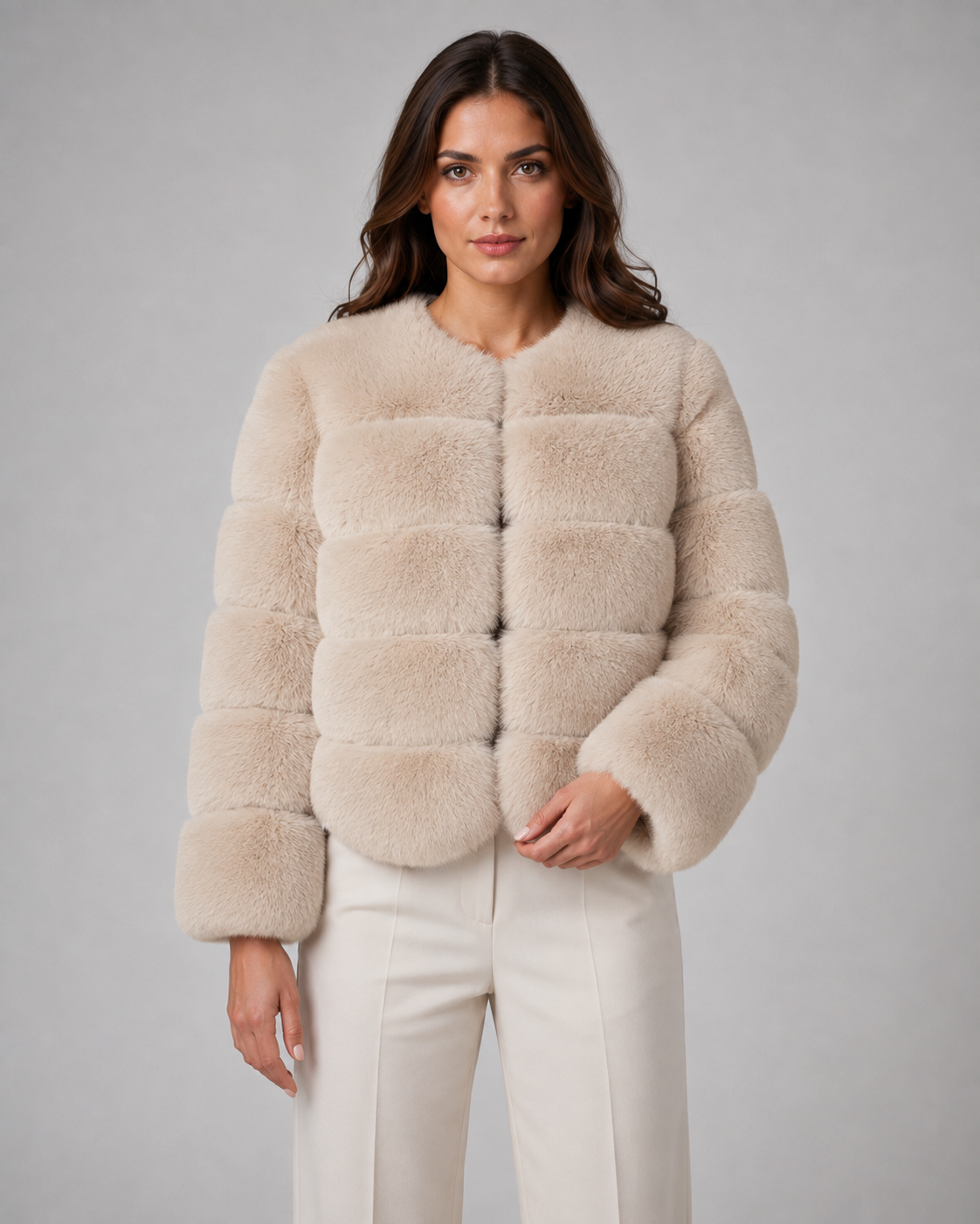 Mireille | Plush Collarless Cropped Faux Fur Jacket